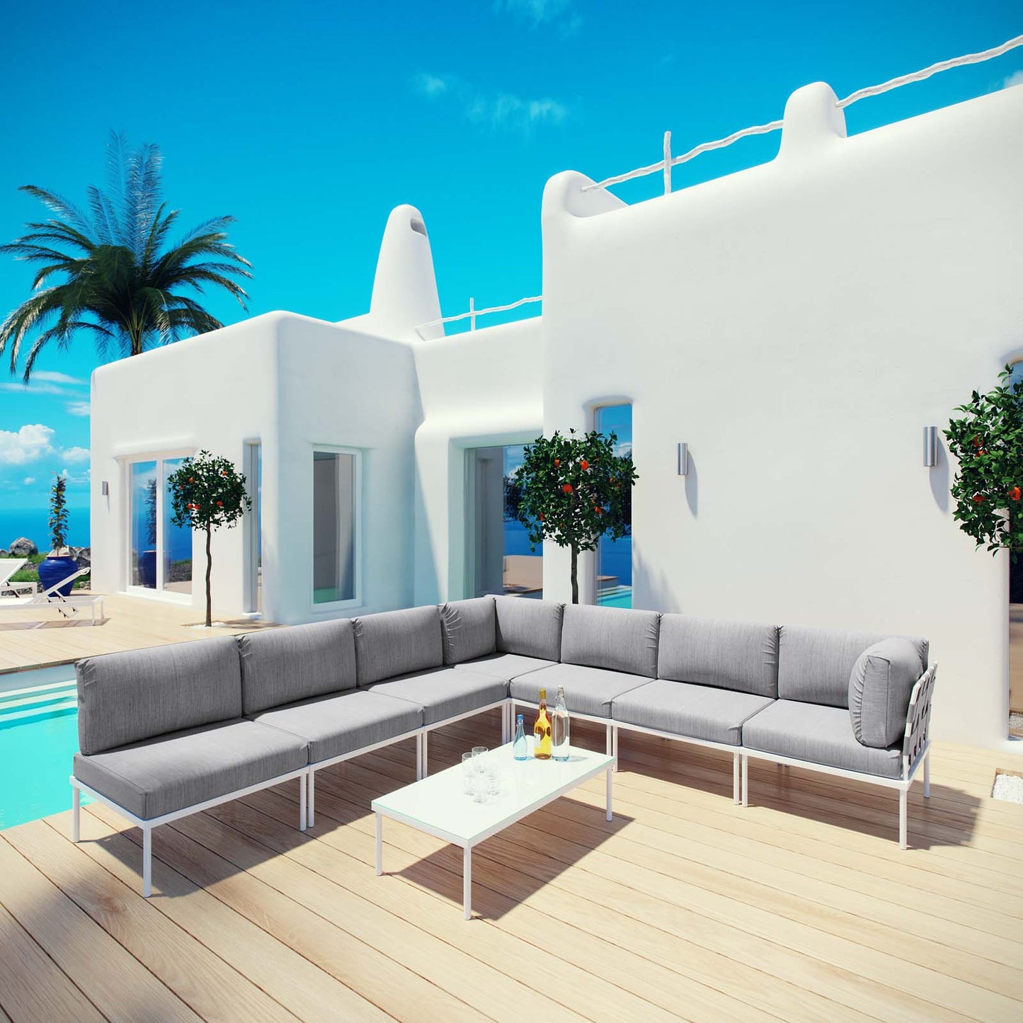 Modway Outlet Harmony 8 Piece Outdoor Patio Aluminum Sectional Sofa Set by Modway Outdoor Furniture Furniture White Gray - EEI-2625-WHI-GRY-SET