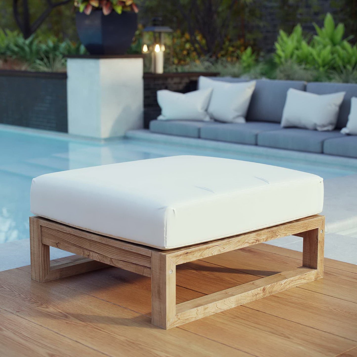 Modway - Upland Outdoor Patio Teak Ottoman by Modway Outdoor Furniture Sofa Sectionals White - EEI-2708-NAT-WHI