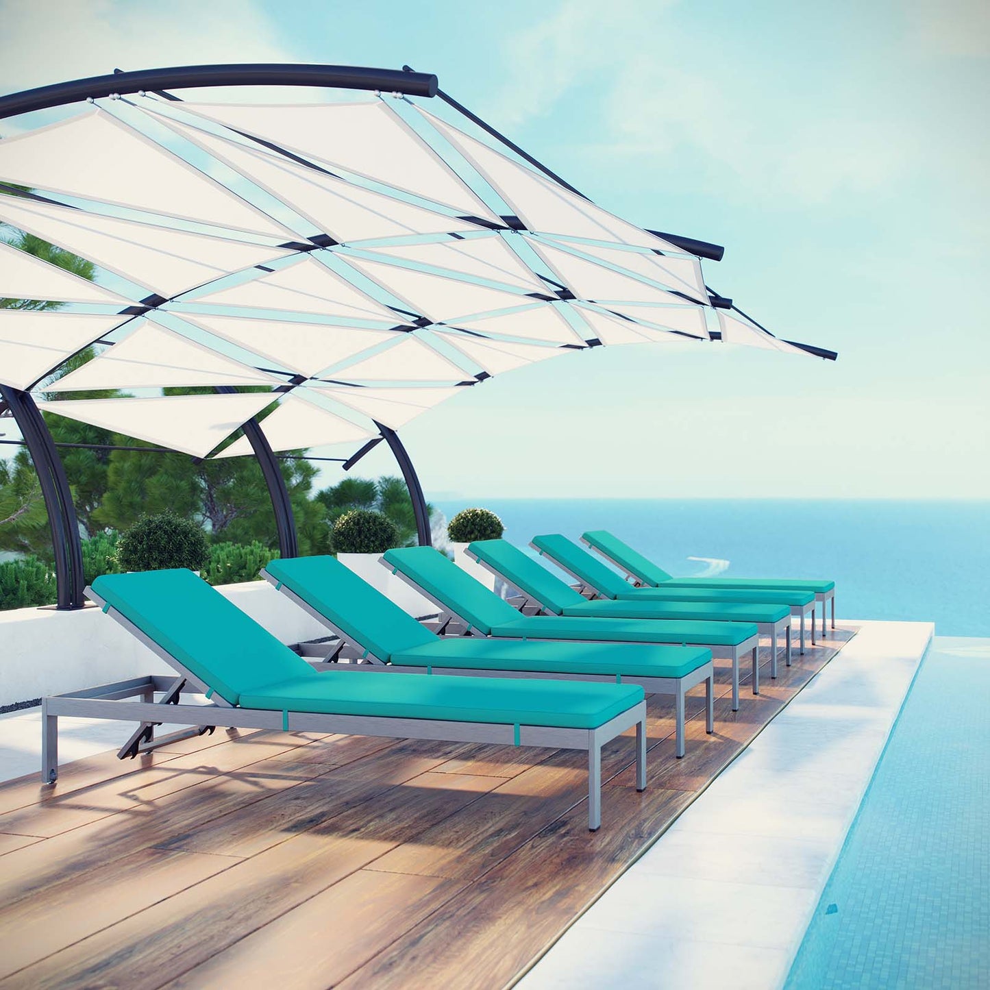 Modway Outlet Shore Outdoor Patio Aluminum Chaise with Cushions Set of 6 by Modway Outdoor Furniture Furniture Silver Turquoise - EEI-2739-SLV-TRQ-SET