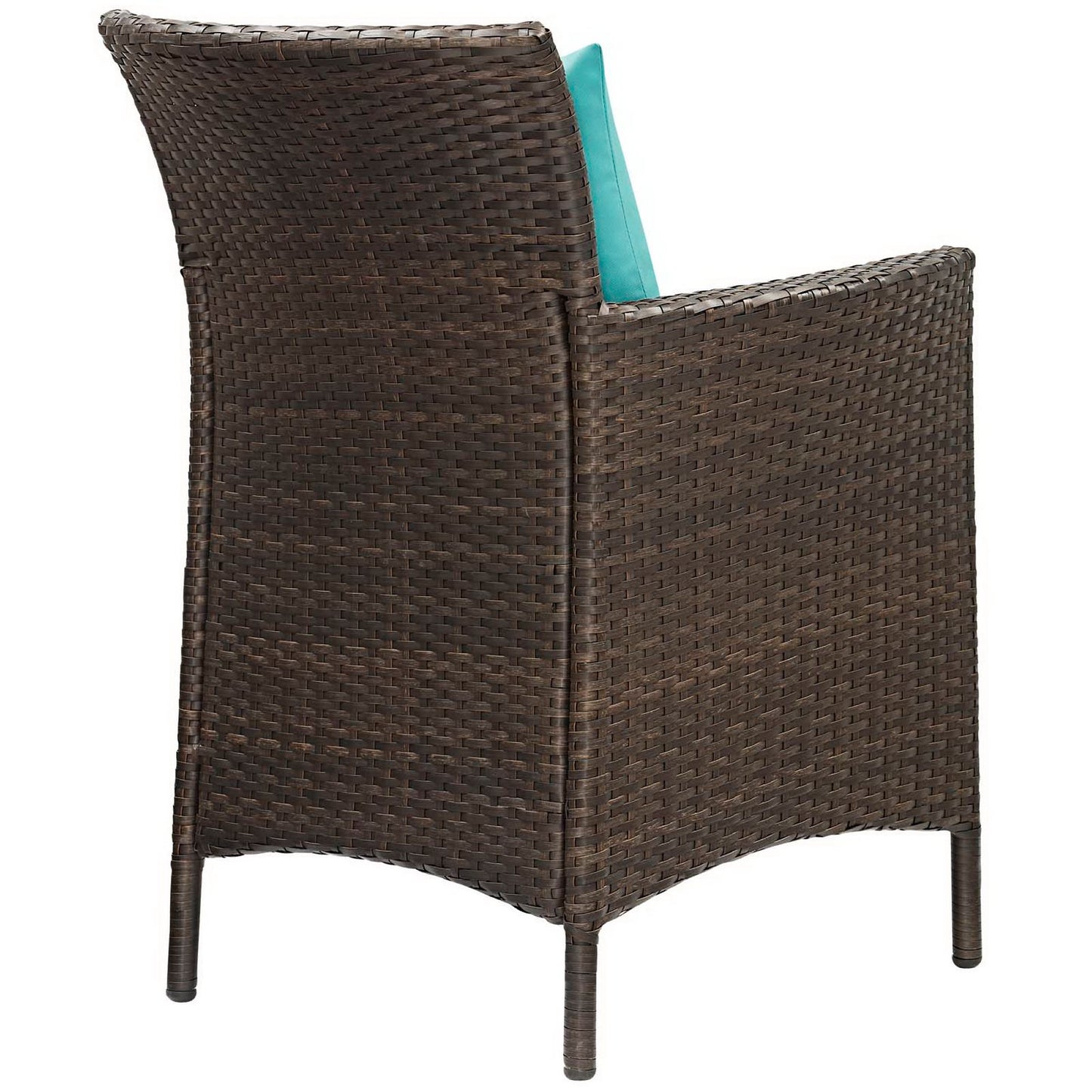 Brown wicker outdoor dining armchair with turquoise cushion, curved back and straight arms.