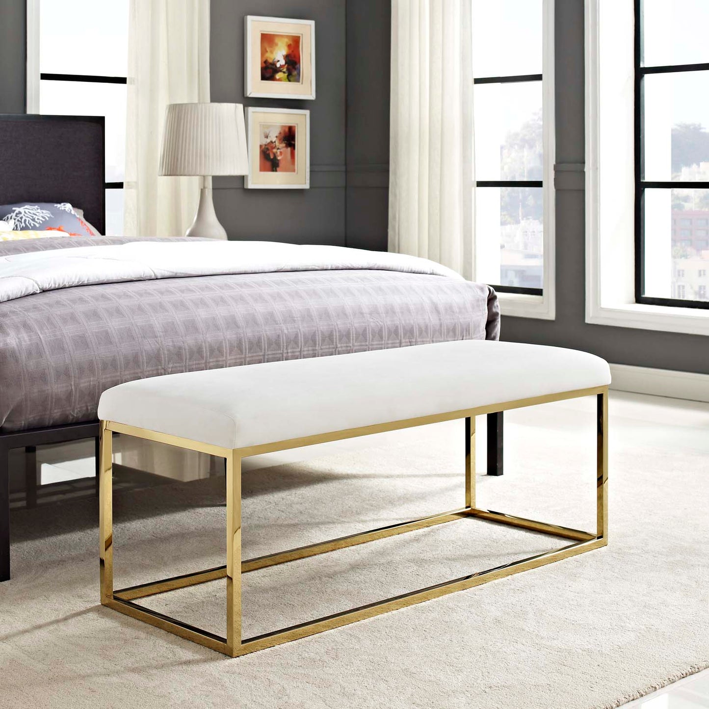 Modway Outlet Anticipate Fabric Bench by Modway Living Room Furniture Gold Ivory - EEI-2851-GLD-IVO