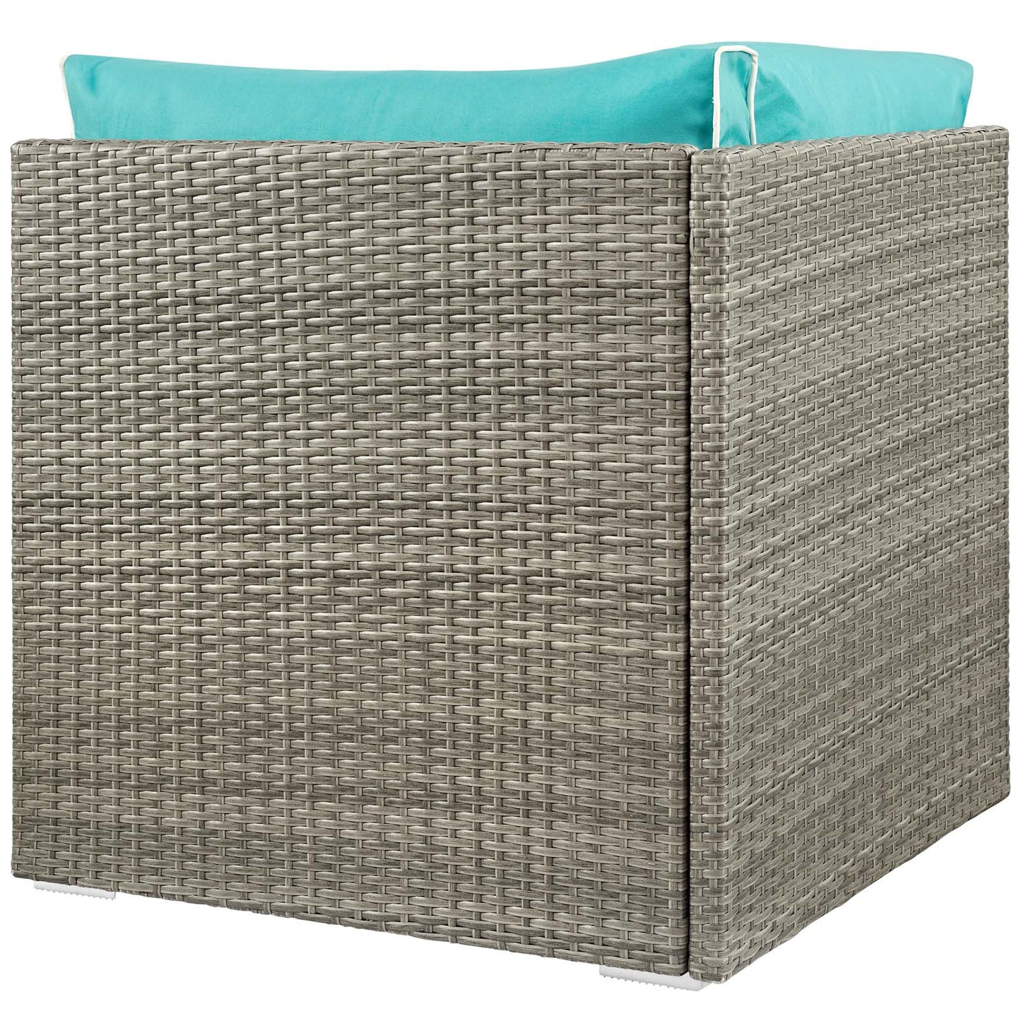 Light gray woven outdoor rattan corner module with turquoise cushions for patio seating.