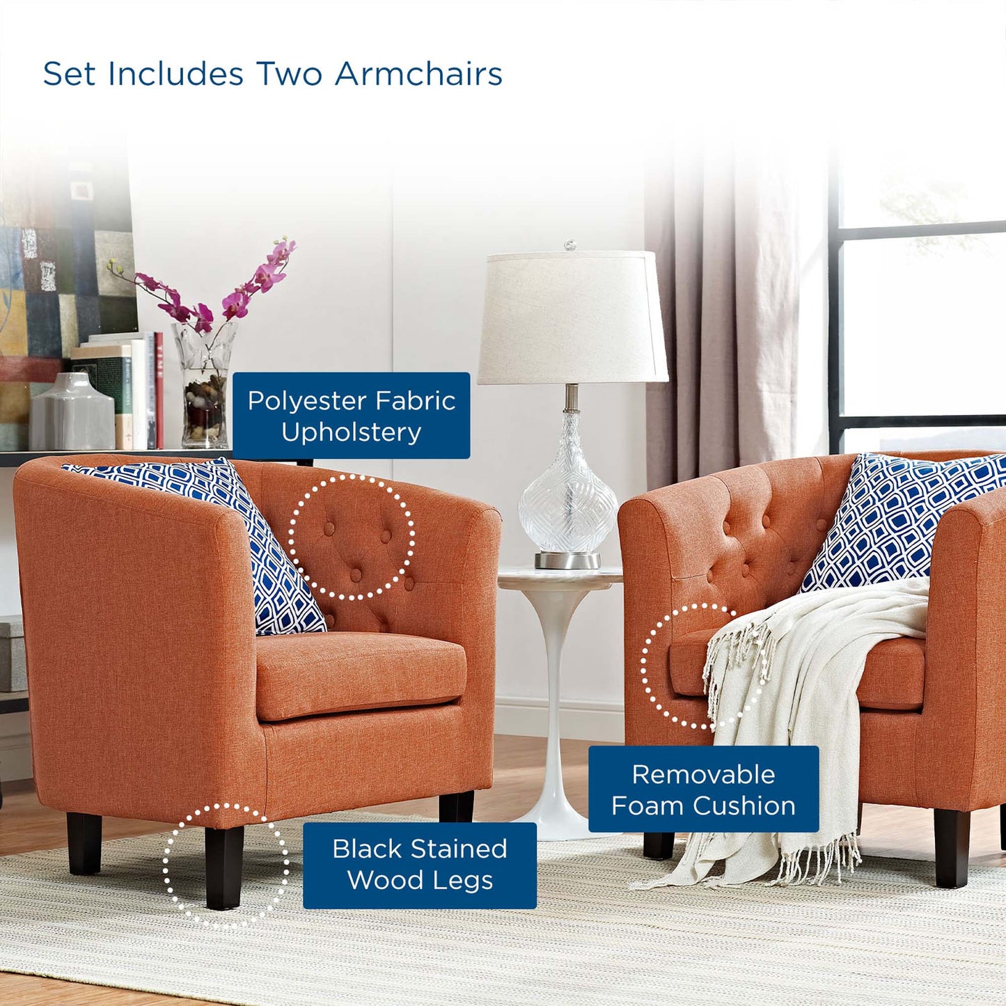 Modway - Prospect 2 Piece Upholstered Fabric Armchair Set by Modway Living Room Sofas and Armchairs Orange - EEI-3150-ORA-SET