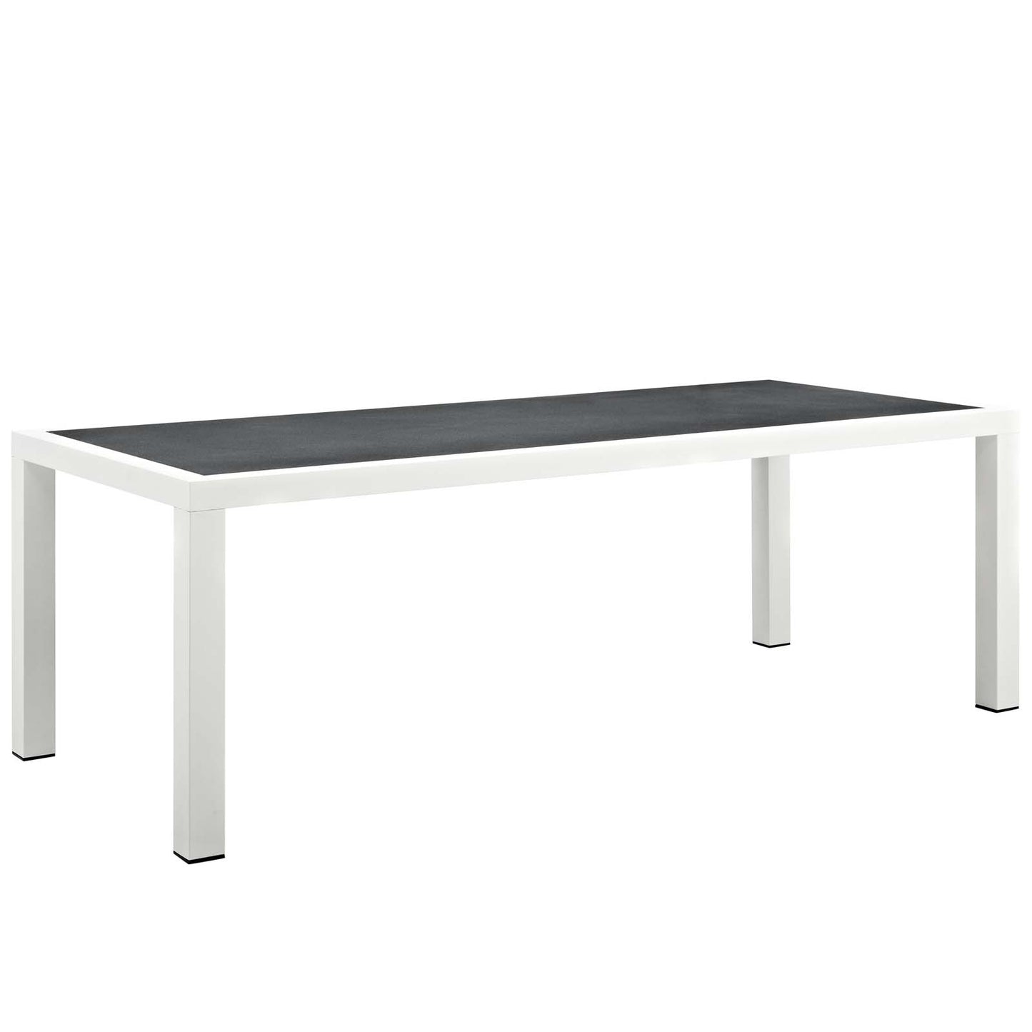 Outdoor patio aluminum dining set in white and navy; rectangular table with matching chairs (7-piece).