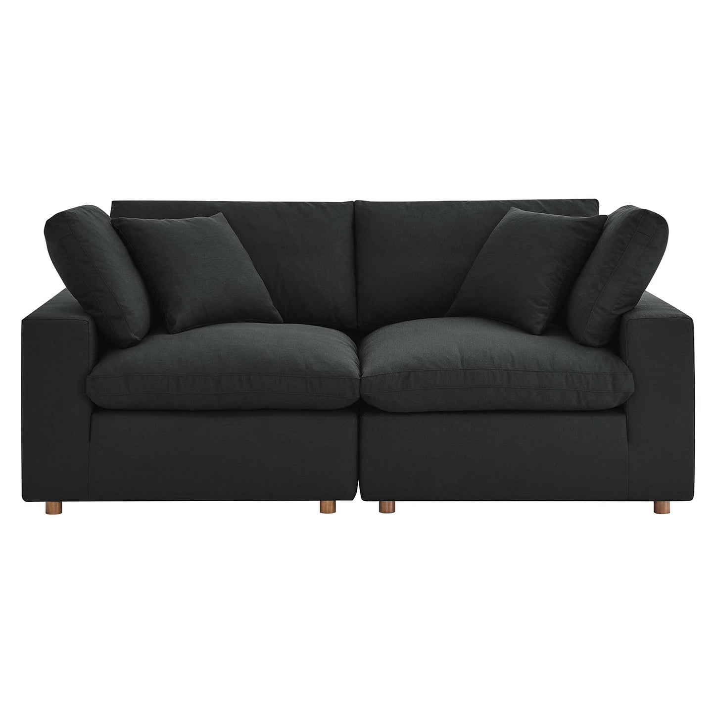 Modern charcoal black fabric 2-piece sectional sofa set with square arms, plush cushions and short wooden legs.