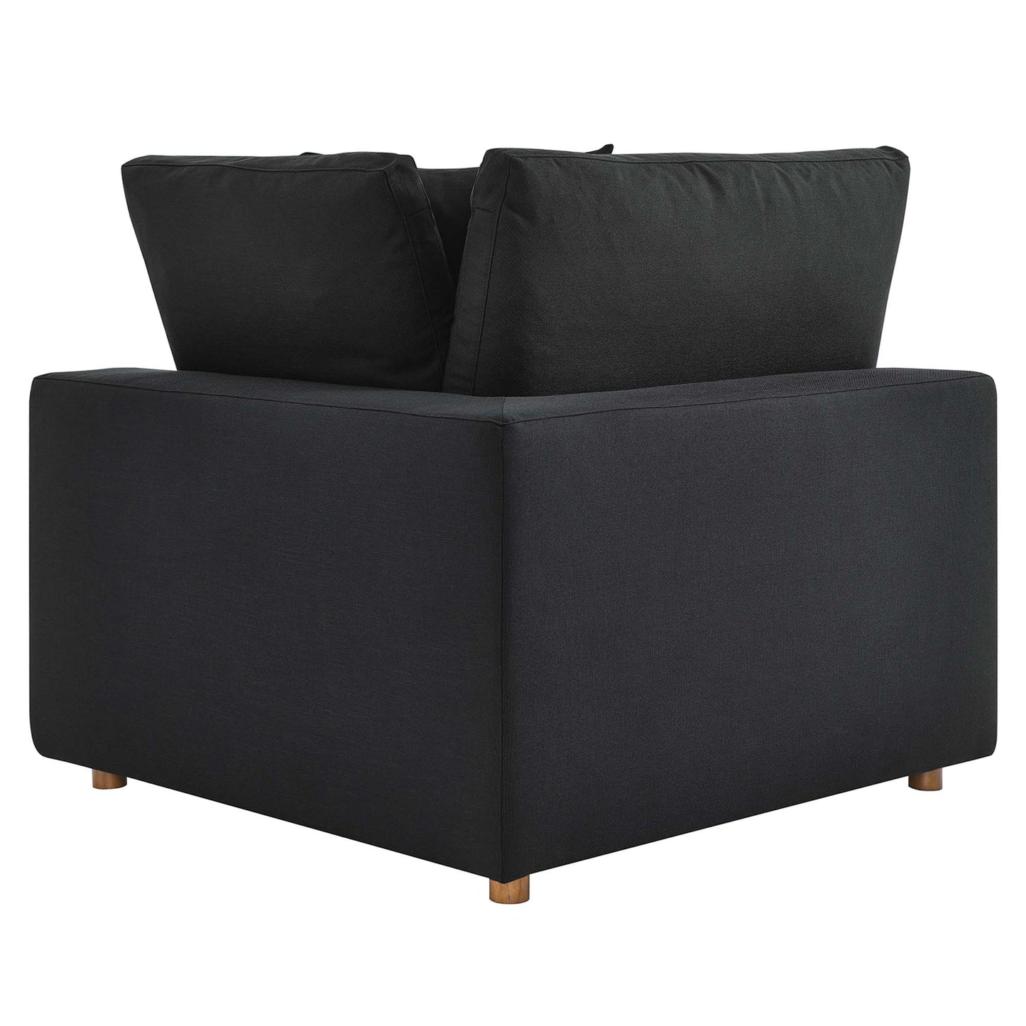 Black fabric sectional sofa set with square arms, multiple back cushions, a low-profile cube frame and short wooden legs.