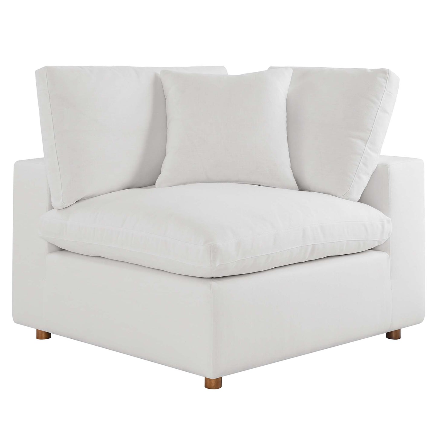 White fabric upholstered sectional sofa with a thick seat cushion, multiple back cushions, square arms, and wooden feet.