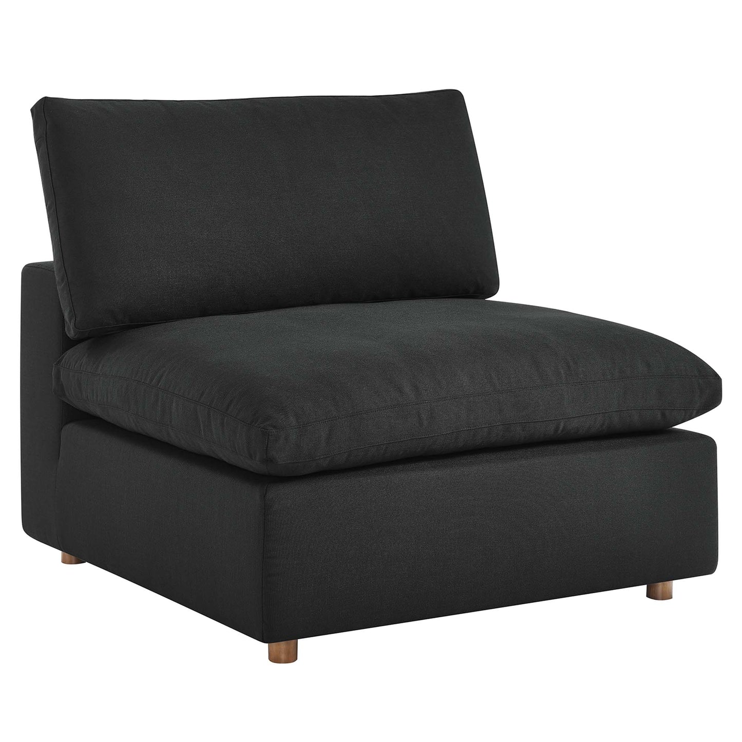 Black 6-piece sectional sofa with overstuffed cushions and wooden legs.