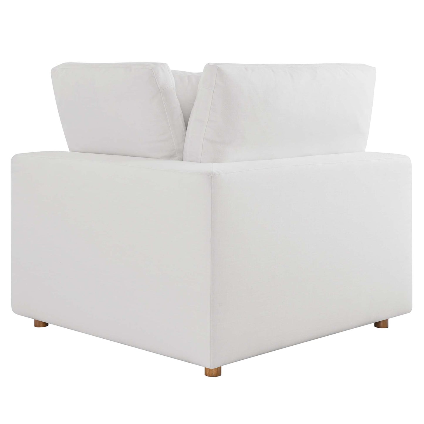 White fabric modular sectional sofa with square arms & light wood feet.