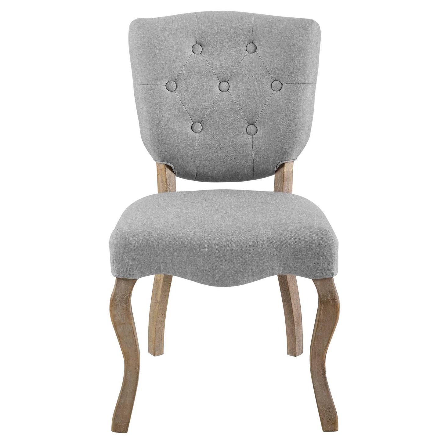 Light gray tufted dining chair with diamond button back, cushioned seat, and natural wood cabriole legs.