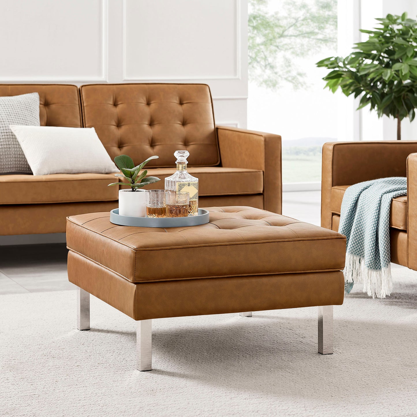 Modway - Loft Tufted Vegan Leather Ottoman by Modway Living Room Sofas and Armchairs Brown - EEI-3394-SLV-TAN