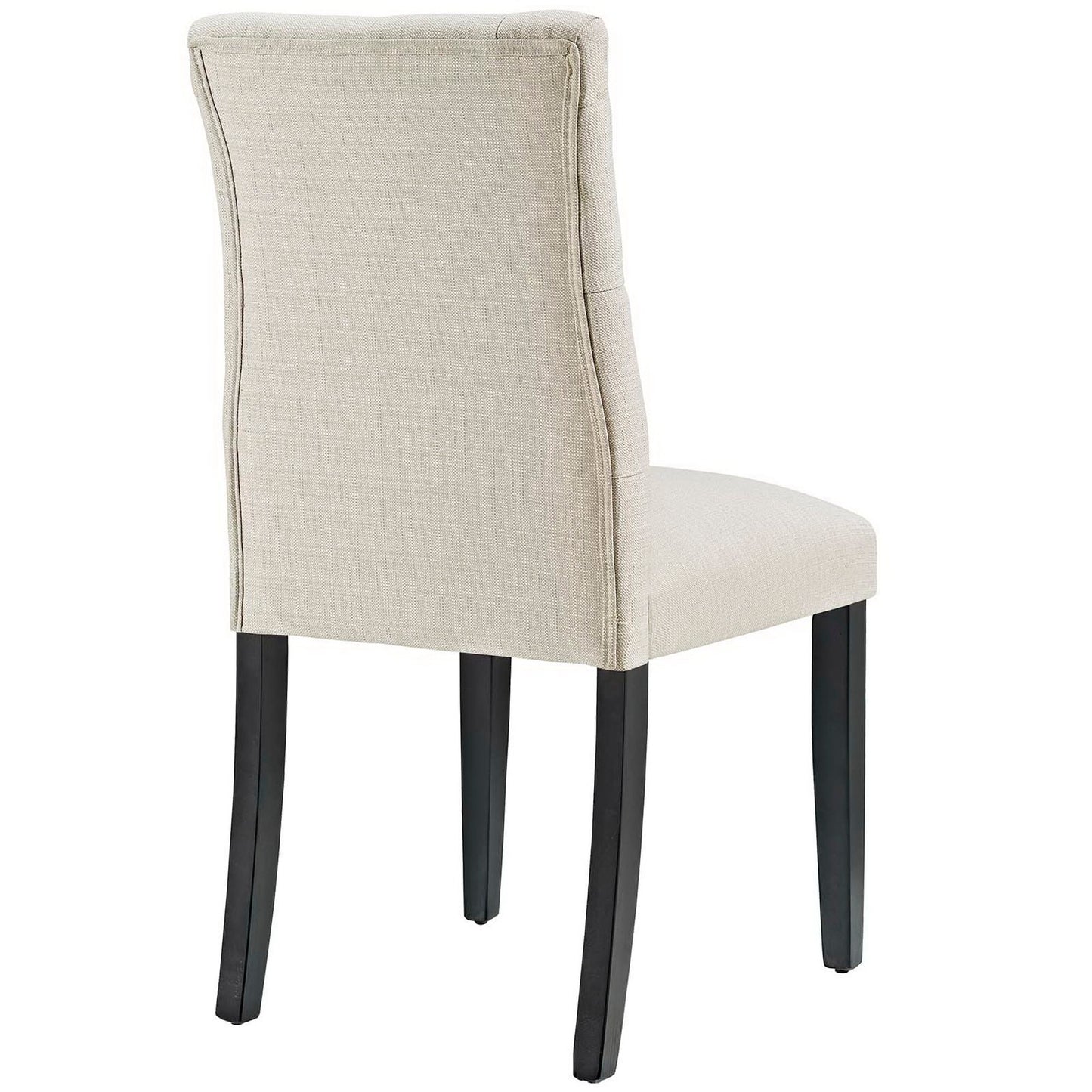 Brown upholstered dining chair with tall curved back, cushioned seat and dark wooden legs.