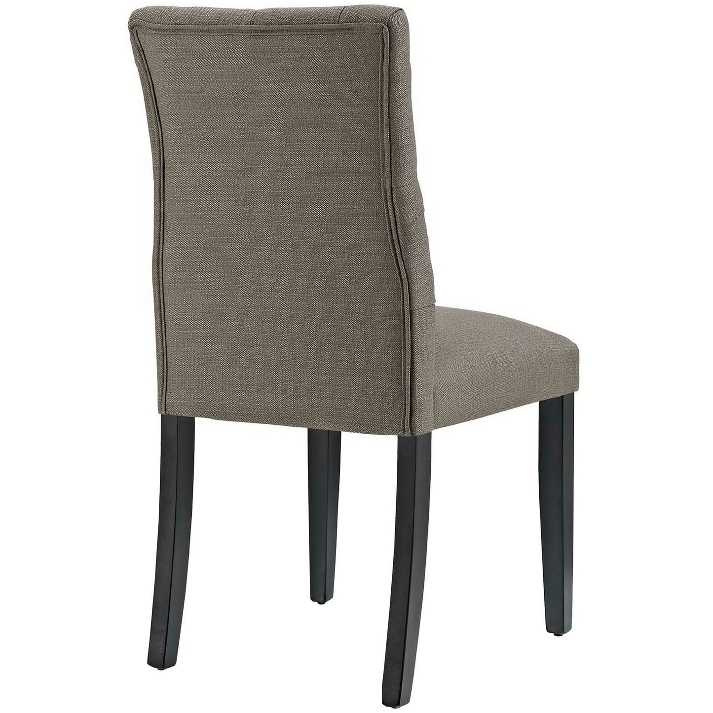 Gray fabric dining chair with tall, curved back, padded seat, and dark-stained legs.