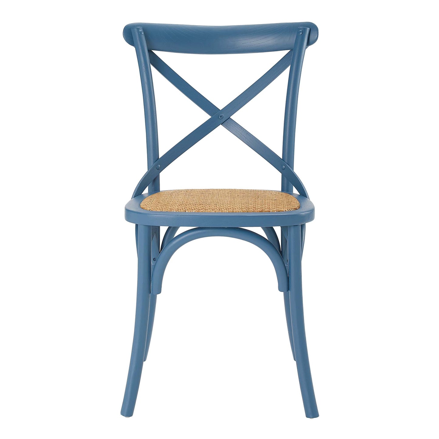 Blue dining chairs with cross-back X design and woven cane seats (set of 2)