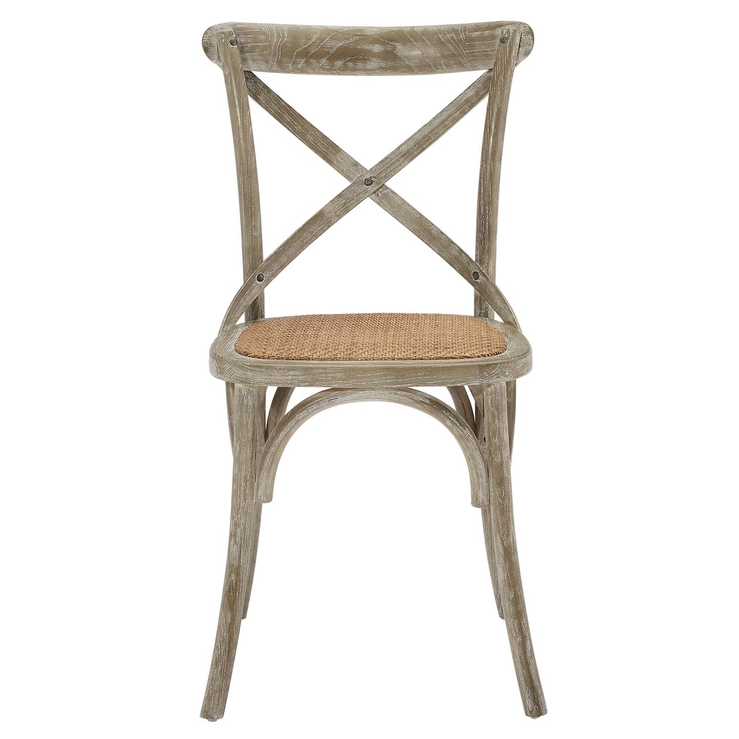 Weathered gray cross-back dining side chairs with woven seagrass seats and curved legs (set of 4)