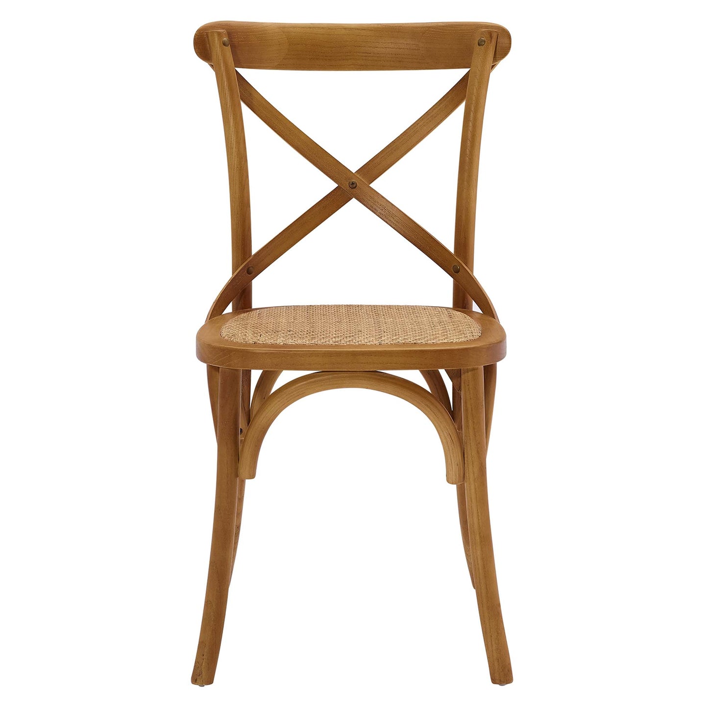 Walnut-finish wooden dining chair with a woven cane seat and cross X-back, curved legs.
