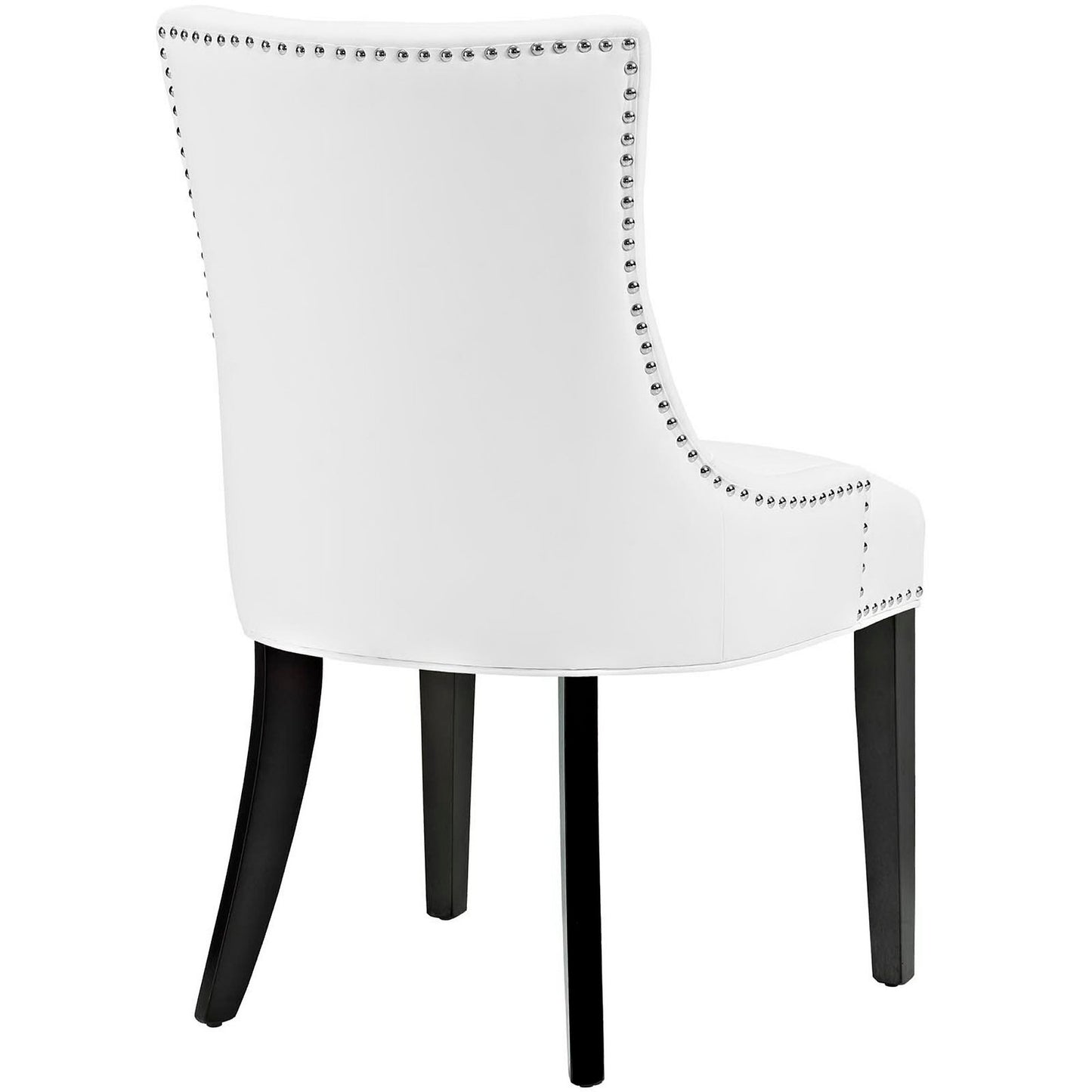 White faux-leather dining chair with silver nailhead trim, curved back and dark wooden legs.