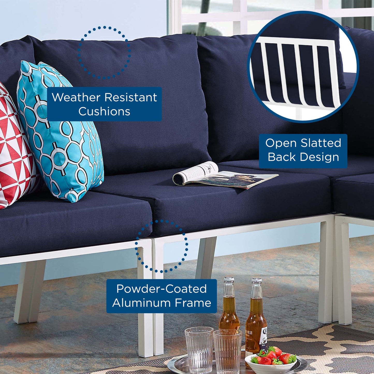 Navy outdoor armless chair with weather-resistant cushions, white powder-coated aluminum frame and slatted back.