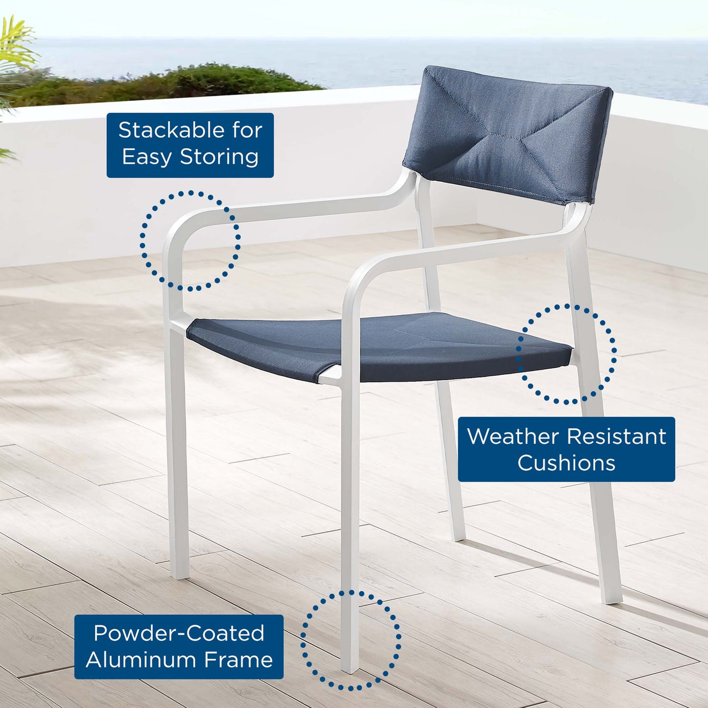 White powder-coated aluminum outdoor chair with navy cushions; stackable for easy storage, weather-resistant.