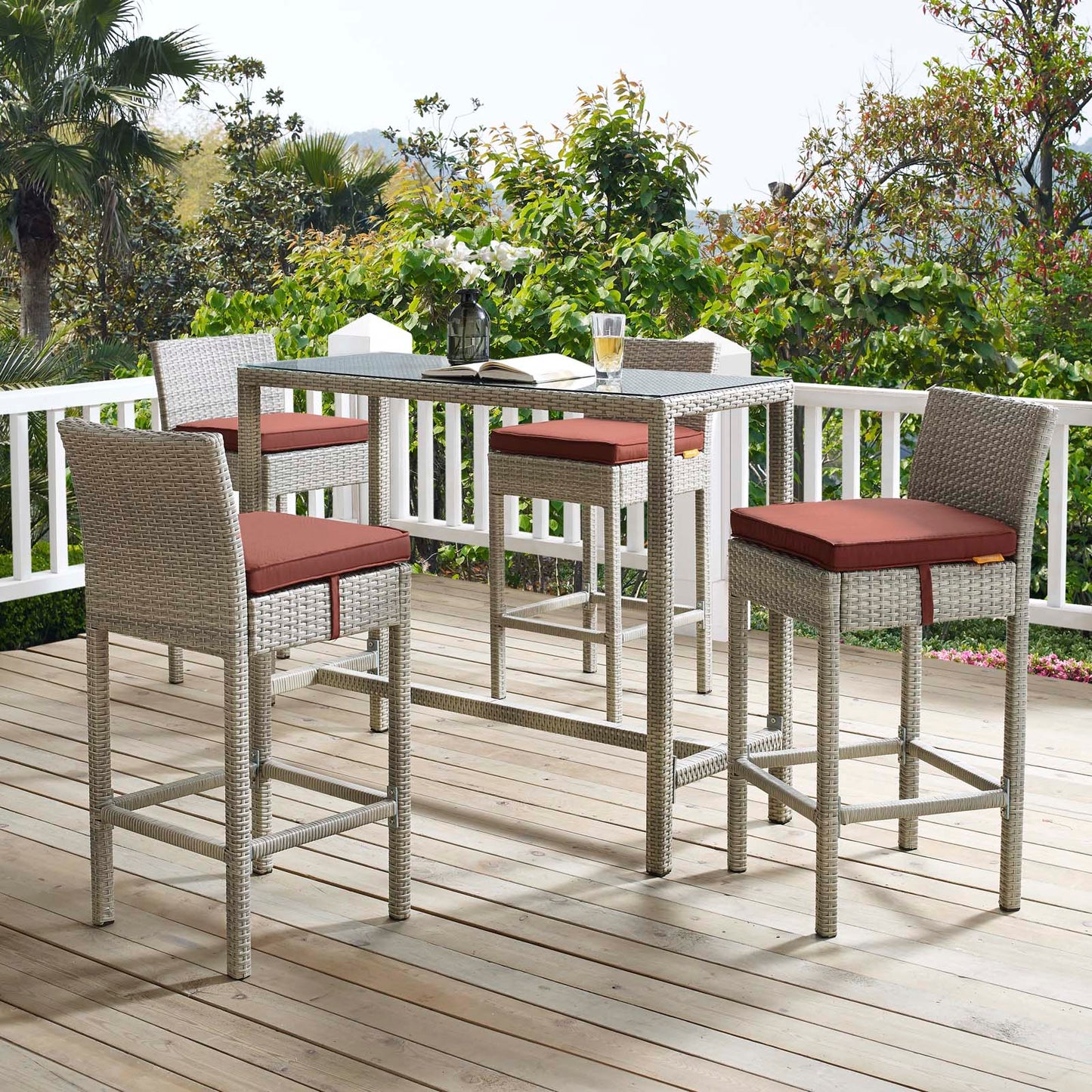 Modway Outlet Conduit Outdoor Patio Wicker Rattan Bar Stool Set of 4 by Modway Outdoor Furniture Furniture Light Gray Currant - EEI-3602-LGR-CUR