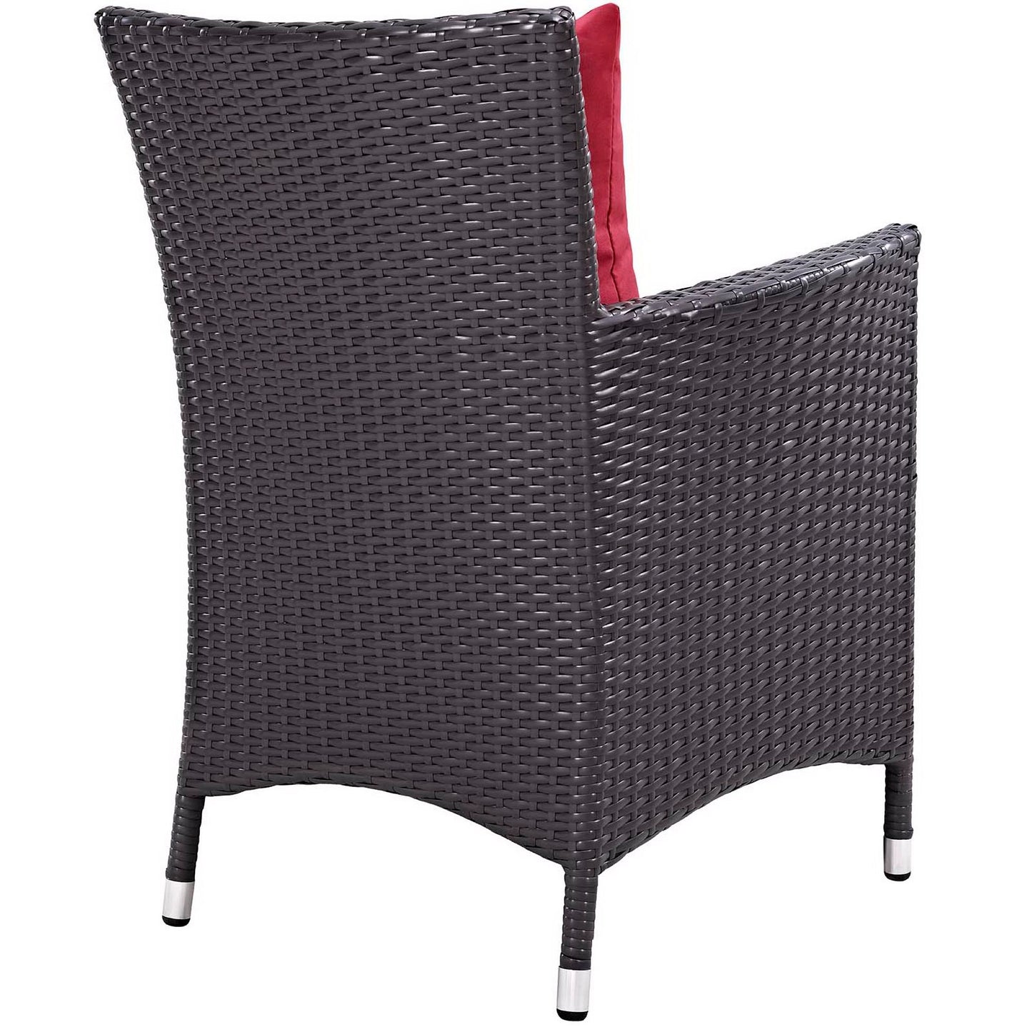 Dark brown woven wicker outdoor 3-piece patio set with red cushions and metal-tipped legs; includes a fire pit.