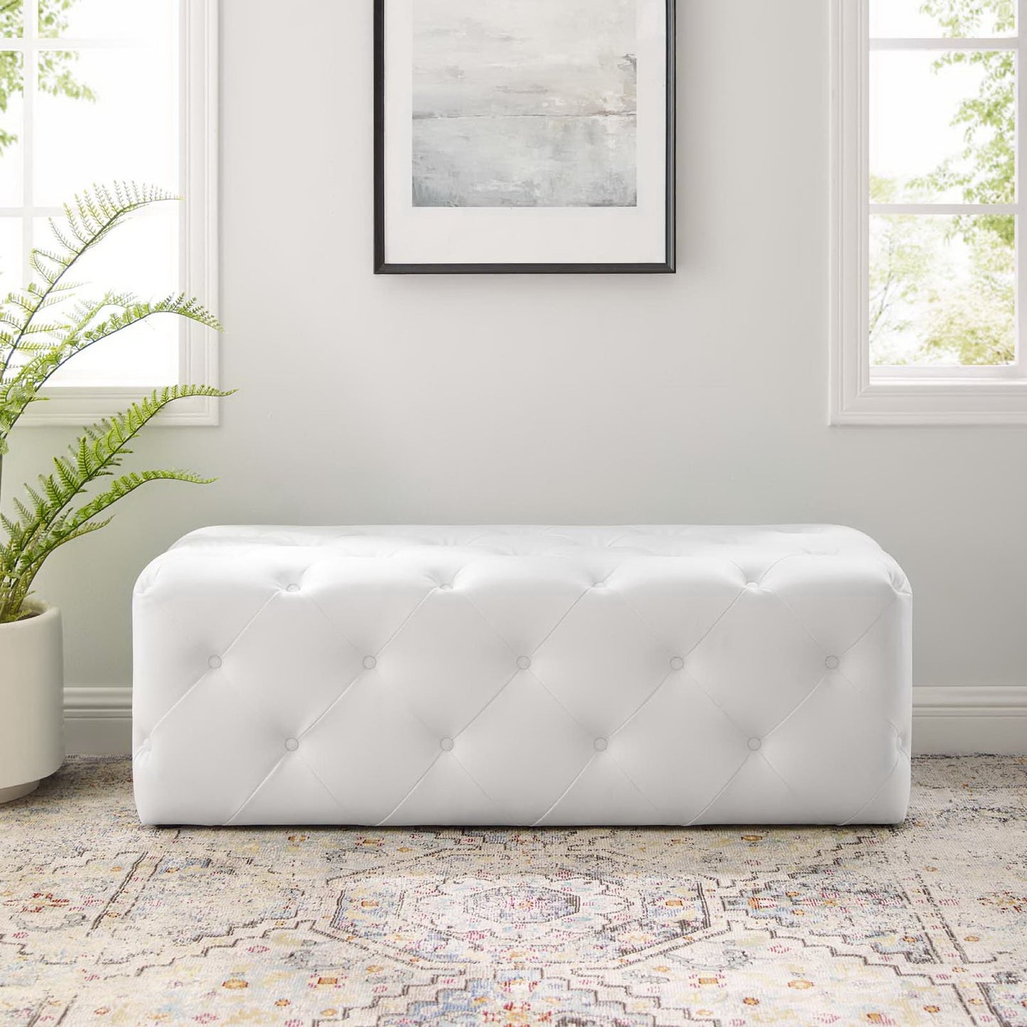 Modway - Amour 48" Tufted Button Entryway Faux Leather Bench by Modway Living Room Benches and Stools White - EEI-3767-WHI
