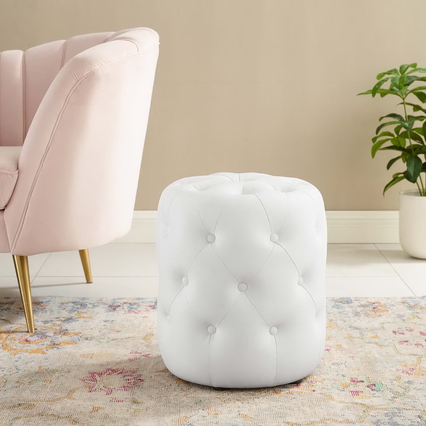 Modway - Amour Tufted Button Round Faux Leather Ottoman by Modway Living Room Sofas and Armchairs White - EEI-3777-WHI