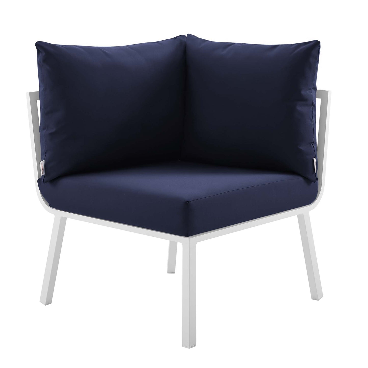White aluminum-framed outdoor sectional sofa set with navy cushions.