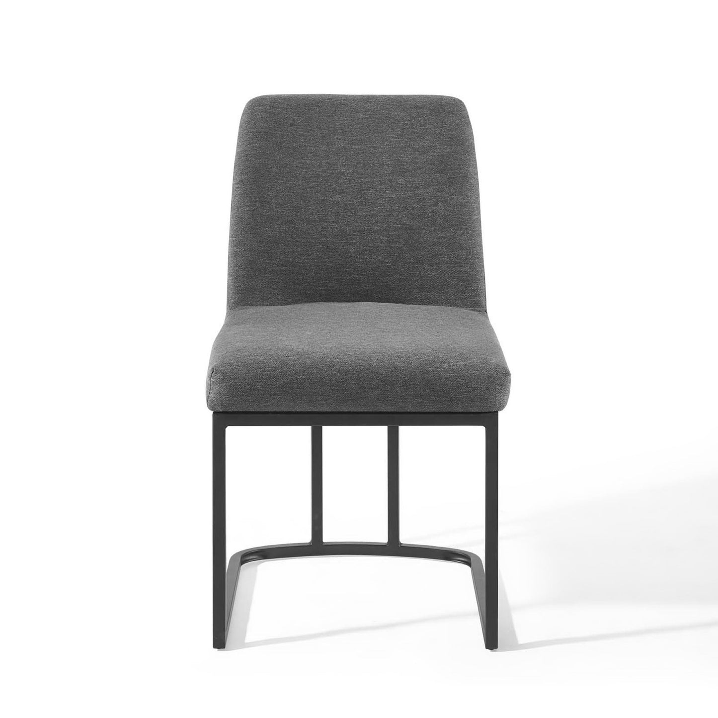 Gray upholstered dining side chair with a black metal sled base, modern style.