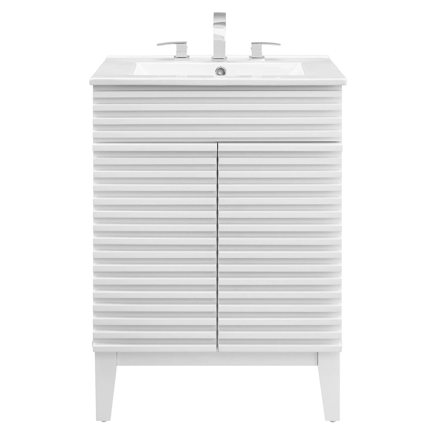 White modern bathroom vanity with slatted cabinet doors, integrated sink & chrome faucet.