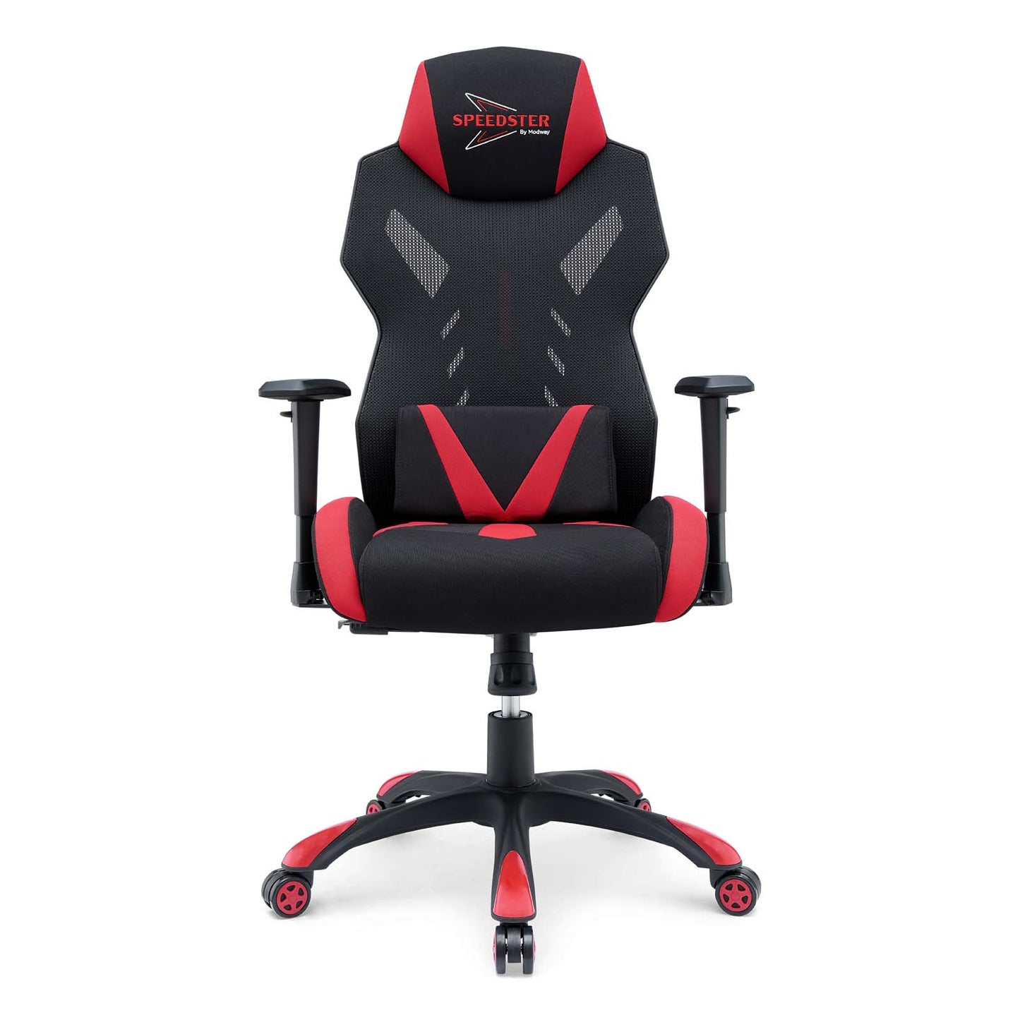 Black and red mesh gaming chair with high back, headrest, lumbar support, adjustable armrests and wheeled five-star base.