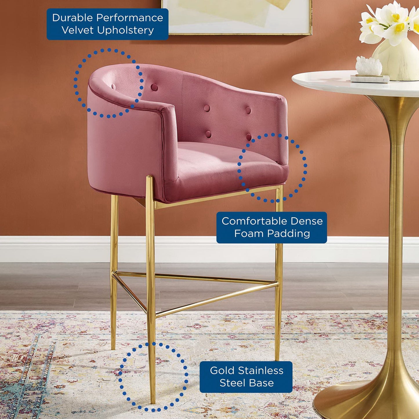 Modway Outlet Savour Tufted Performance Velvet Bar Stool by Modway Bar and Dining Furniture Dusty Rose - EEI-3911-DUS