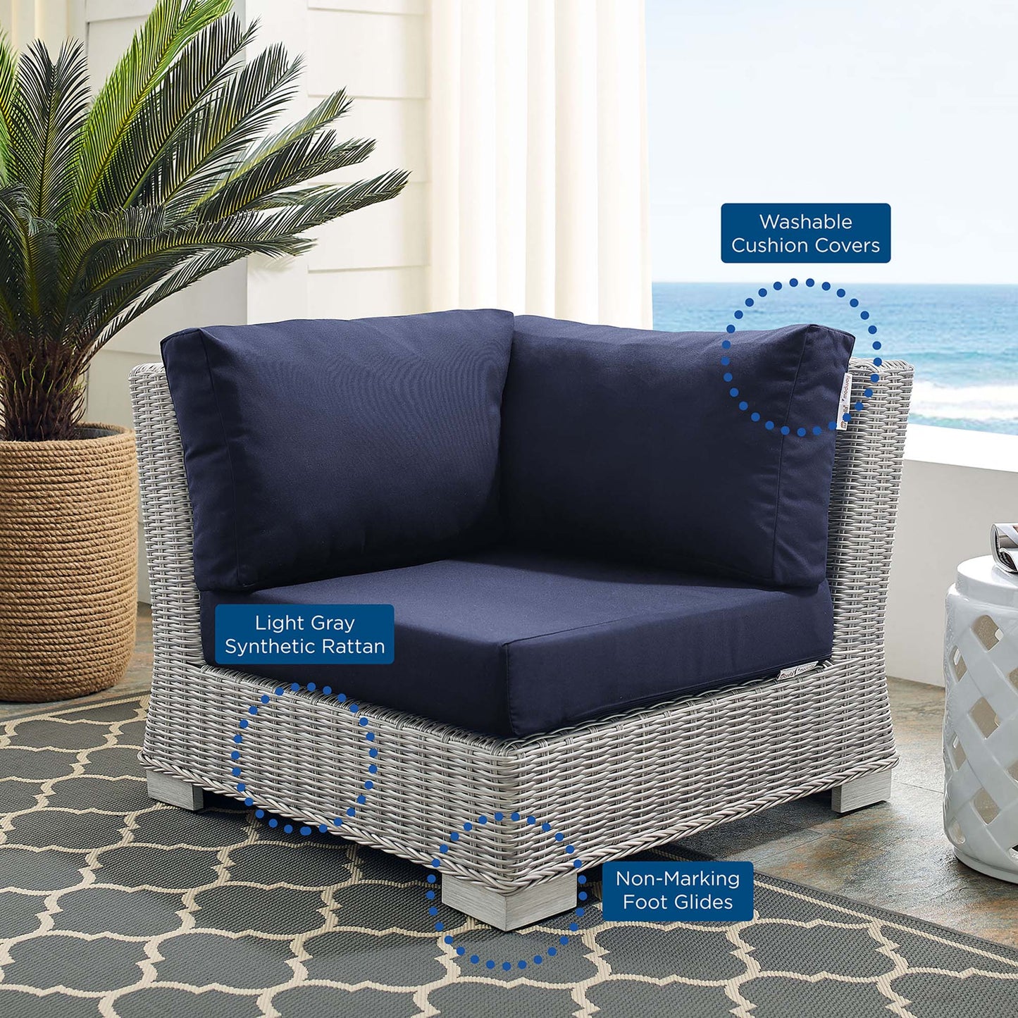 Modway Outlet Conway Sunbrella? Outdoor Patio Wicker Rattan Corner Chair by Modway Outdoor Furniture Furniture Light Gray Navy - EEI-3970-LGR-NAV