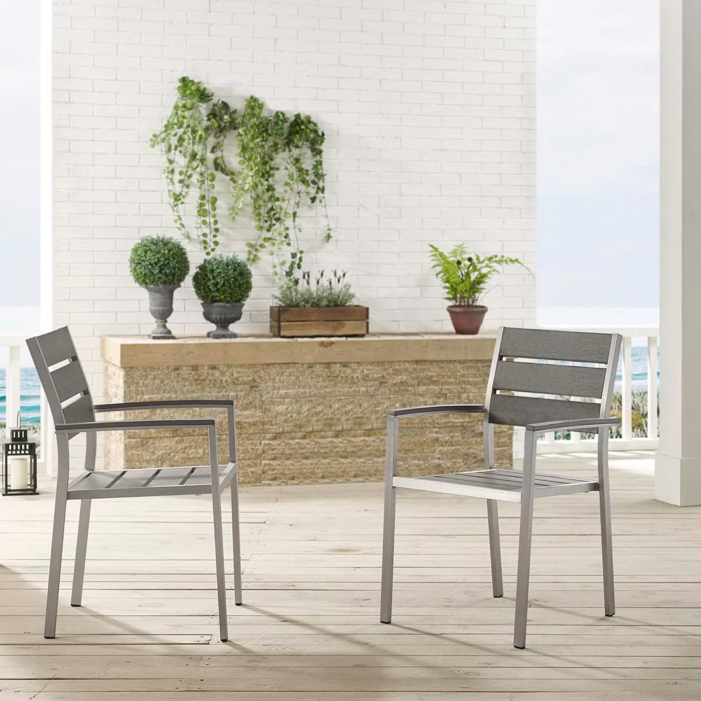Modway - Shore Outdoor Patio Aluminum Dining Armchair Set of 2 by Modway Outdoor Furniture Bar and Dining Gray - EEI-4042-SLV-GRY