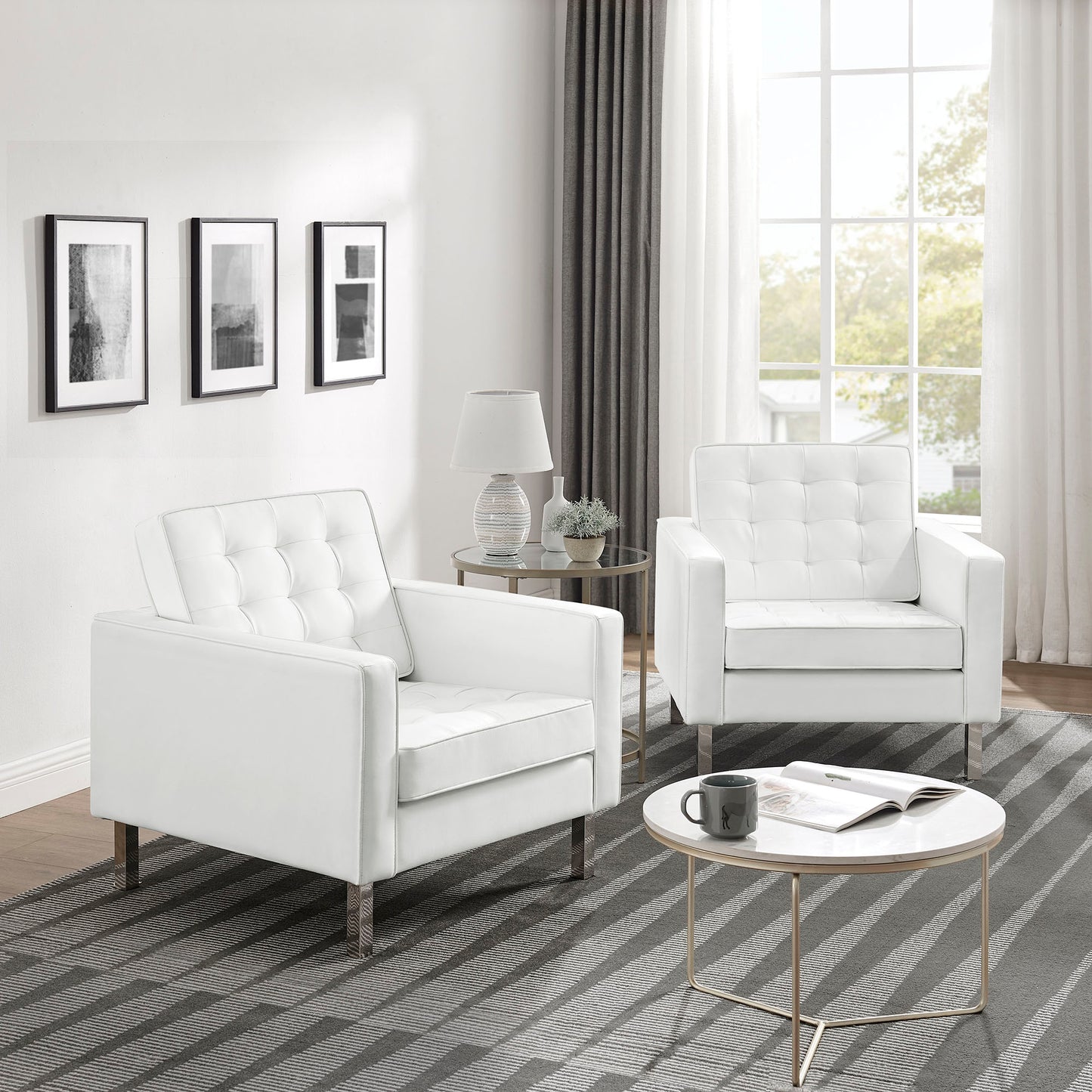 Modway - Loft Tufted Vegan Leather Armchairs Set of 2 by Modway Living Room Sofas and Armchairs White - EEI-4101-SLV-WHI