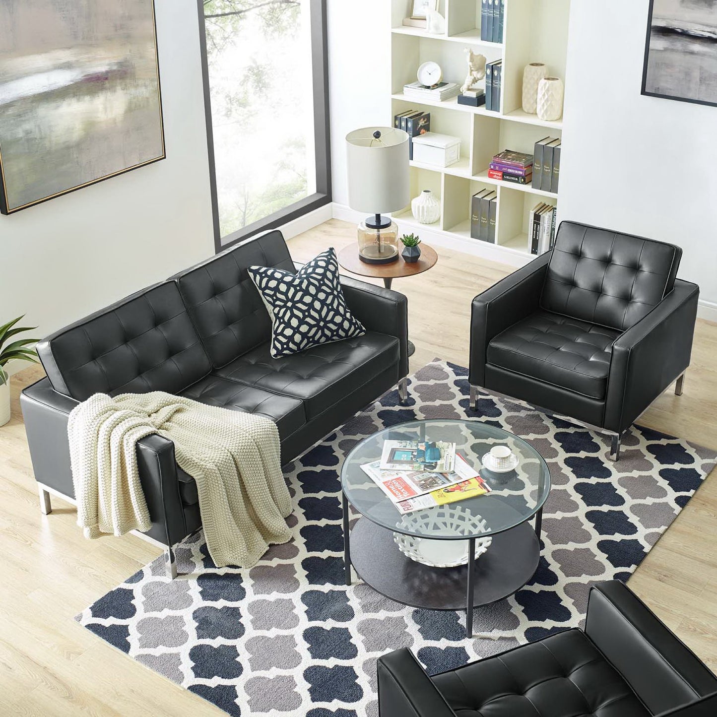 Modway - Loft Tufted Upholstered Faux Leather Loveseat and Armchair Set by Modway Living Room Sofas and Armchairs Black - EEI-4102-SLV-BLK-SET