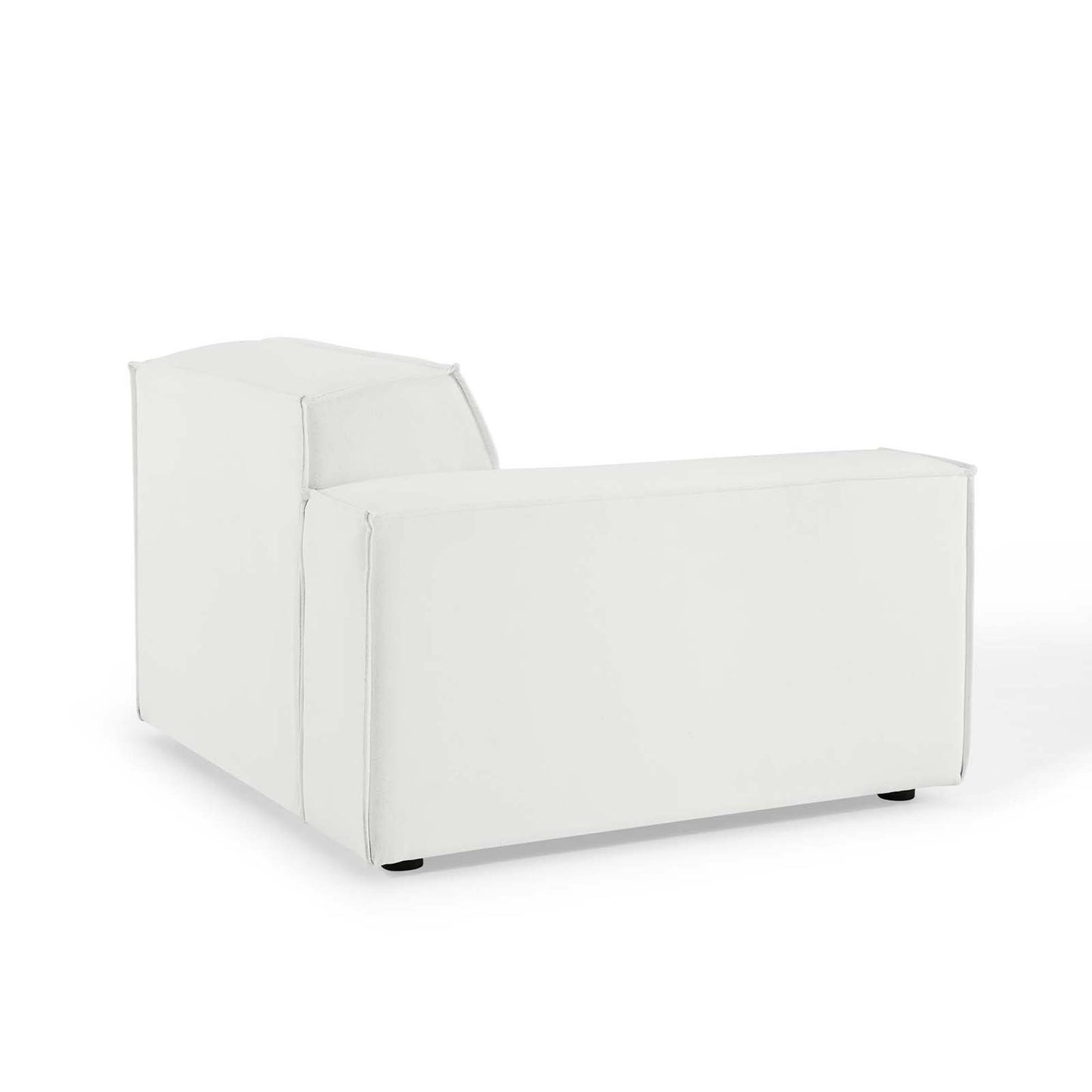 White boxy two-piece sectional sofa with square back and seat cushions, upholstered fabric, and low-profile legs.