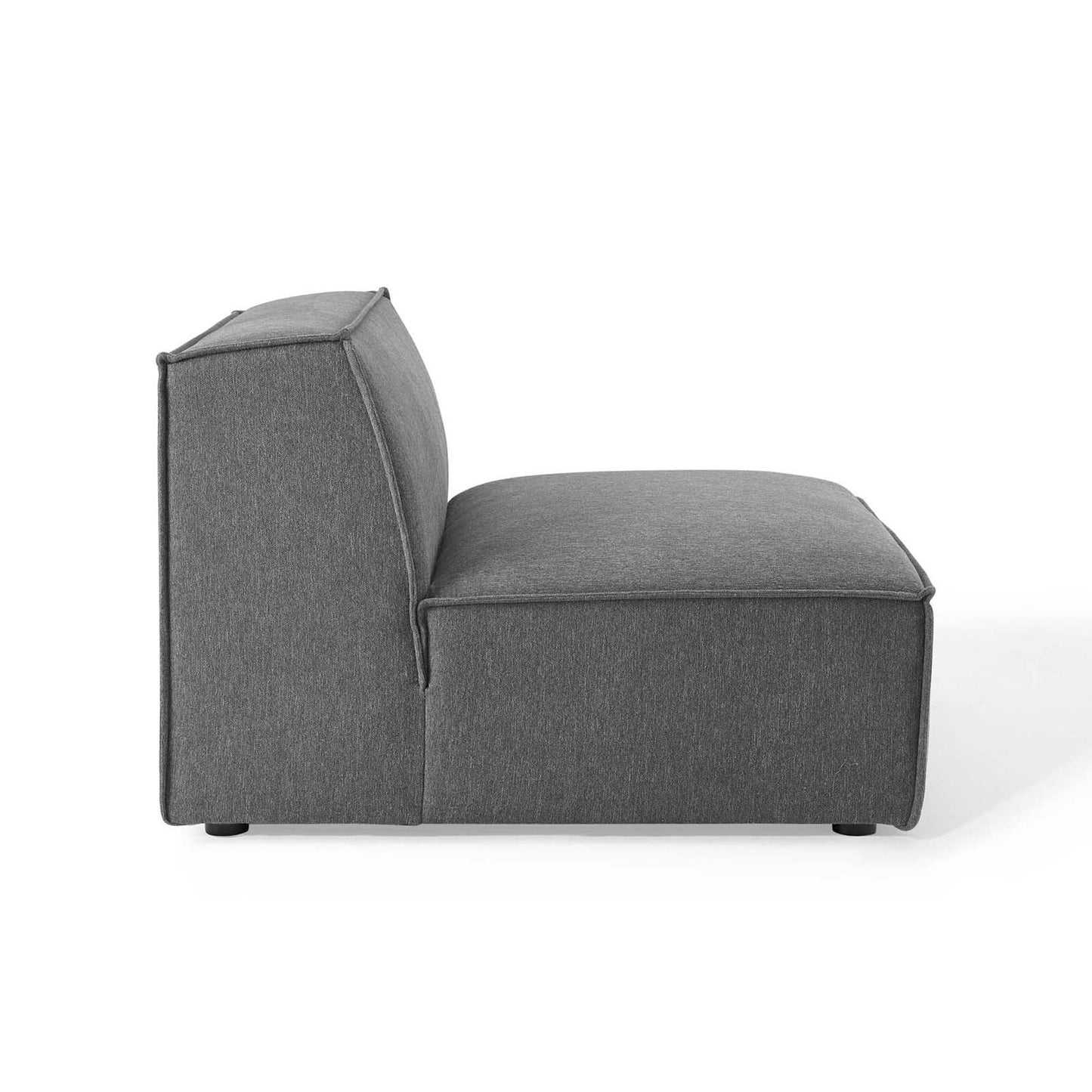 Black fabric 3-piece sectional sofa with chaise lounge, low-profile seat and square back cushion, modern contemporary style.