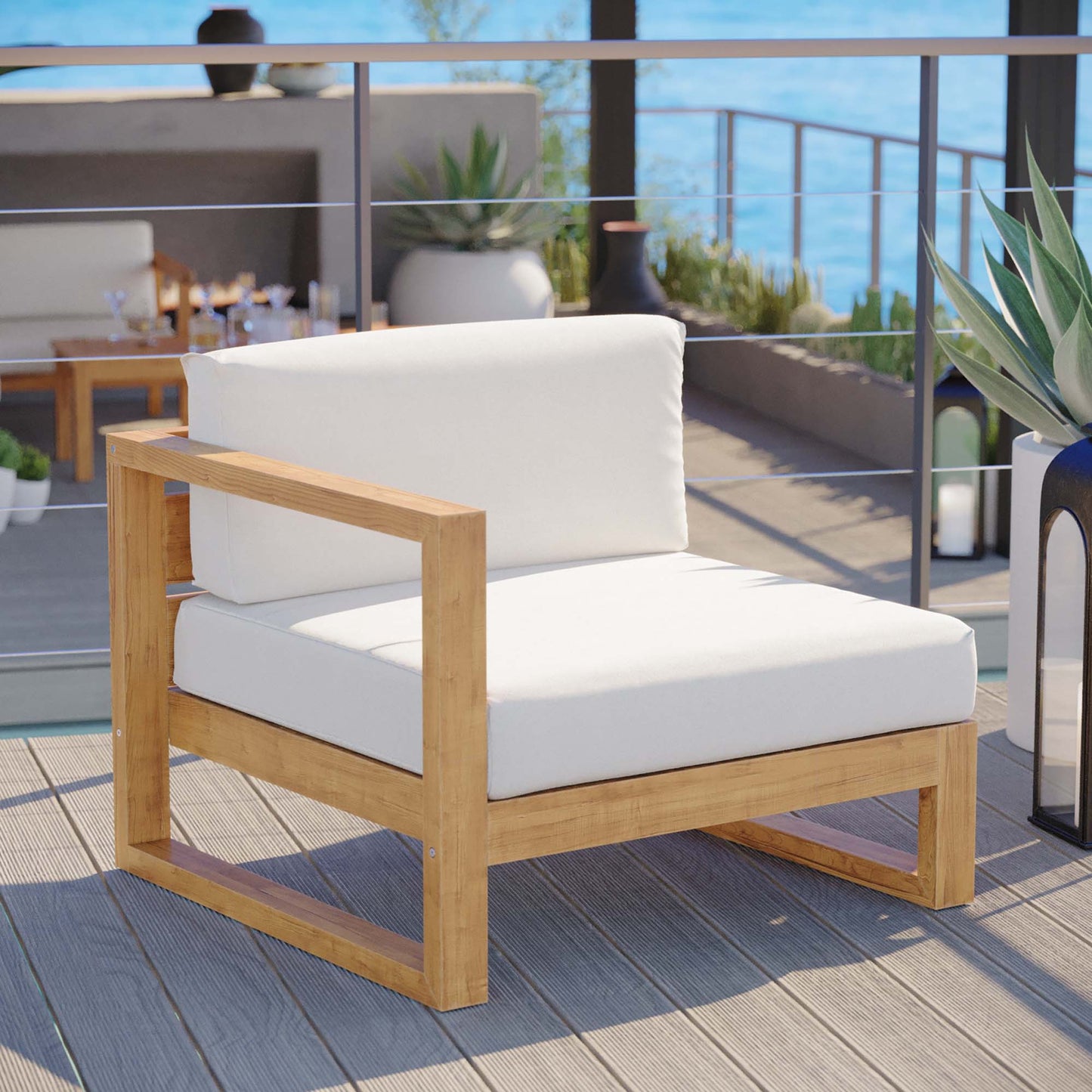 Modway - Upland Outdoor Patio Teak Wood Left-Arm Chair by Modway Outdoor Furniture Sofa Sectionals White - EEI-4124-NAT-WHI