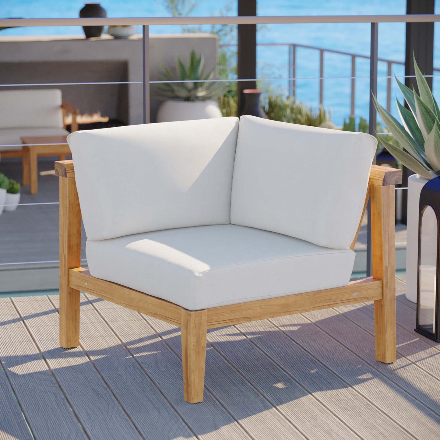 Modway - Bayport Outdoor Patio Teak Wood Corner Chair by Modway Outdoor Furniture Sofa Sectionals White - EEI-4127-NAT-WHI