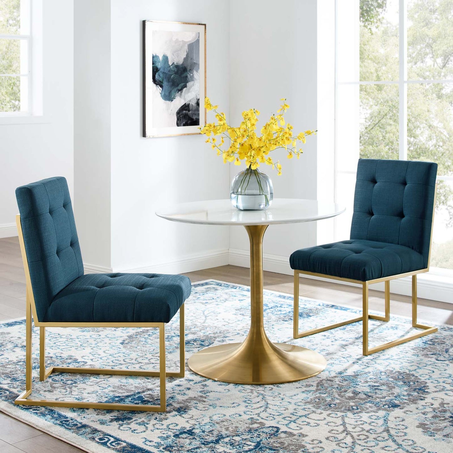 Modway Outlet Privy Gold Stainless Steel Upholstered Fabric Dining Accent Chair Set of 2 by Modway Bar and Dining Furniture Gold Azure - EEI-4151-GLD-AZU