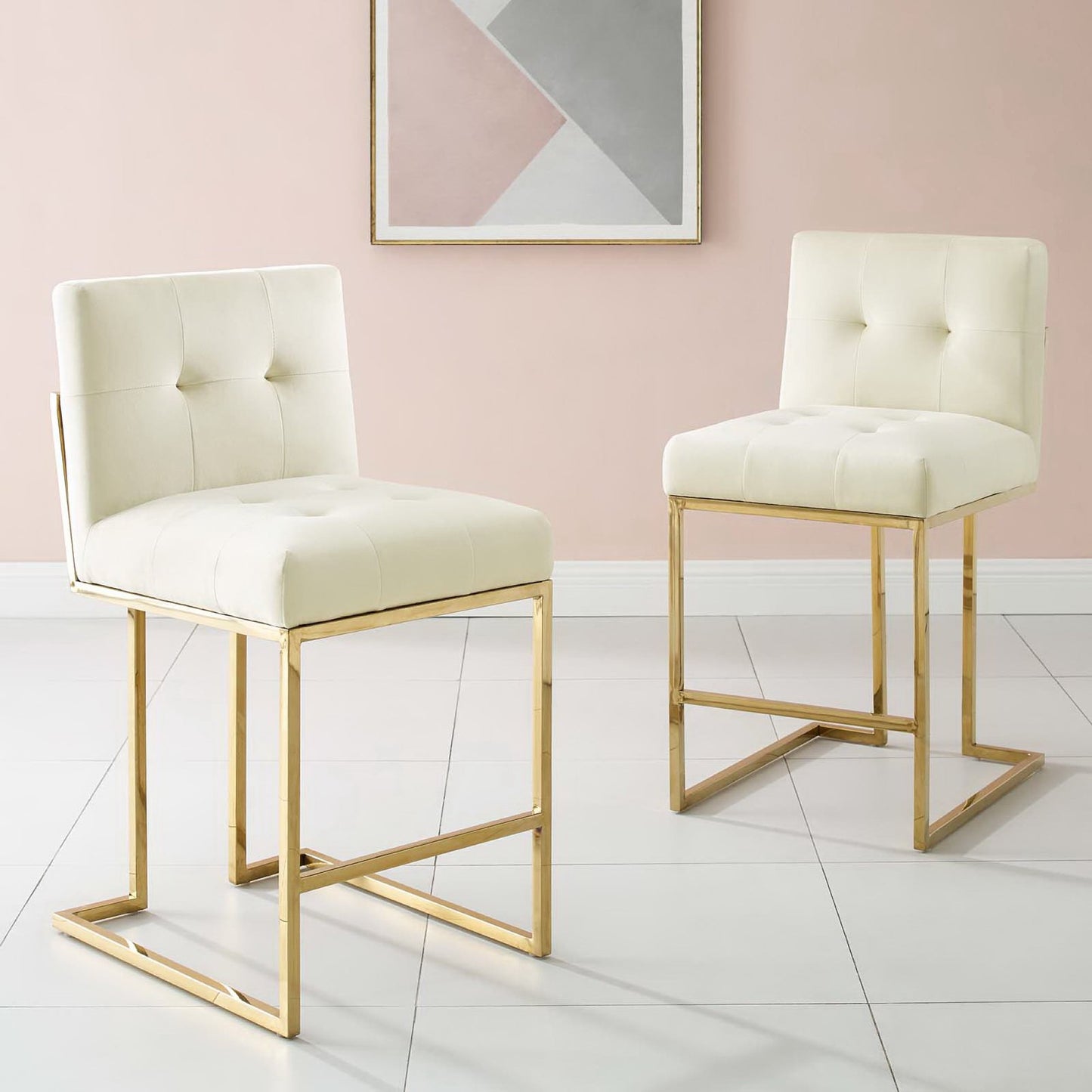 Modway - Privy Gold Stainless Steel Performance Velvet Counter Stool Set of 2 by Modway Bar and Dining Bar and Counter Stools White - EEI-4155-GLD-IVO