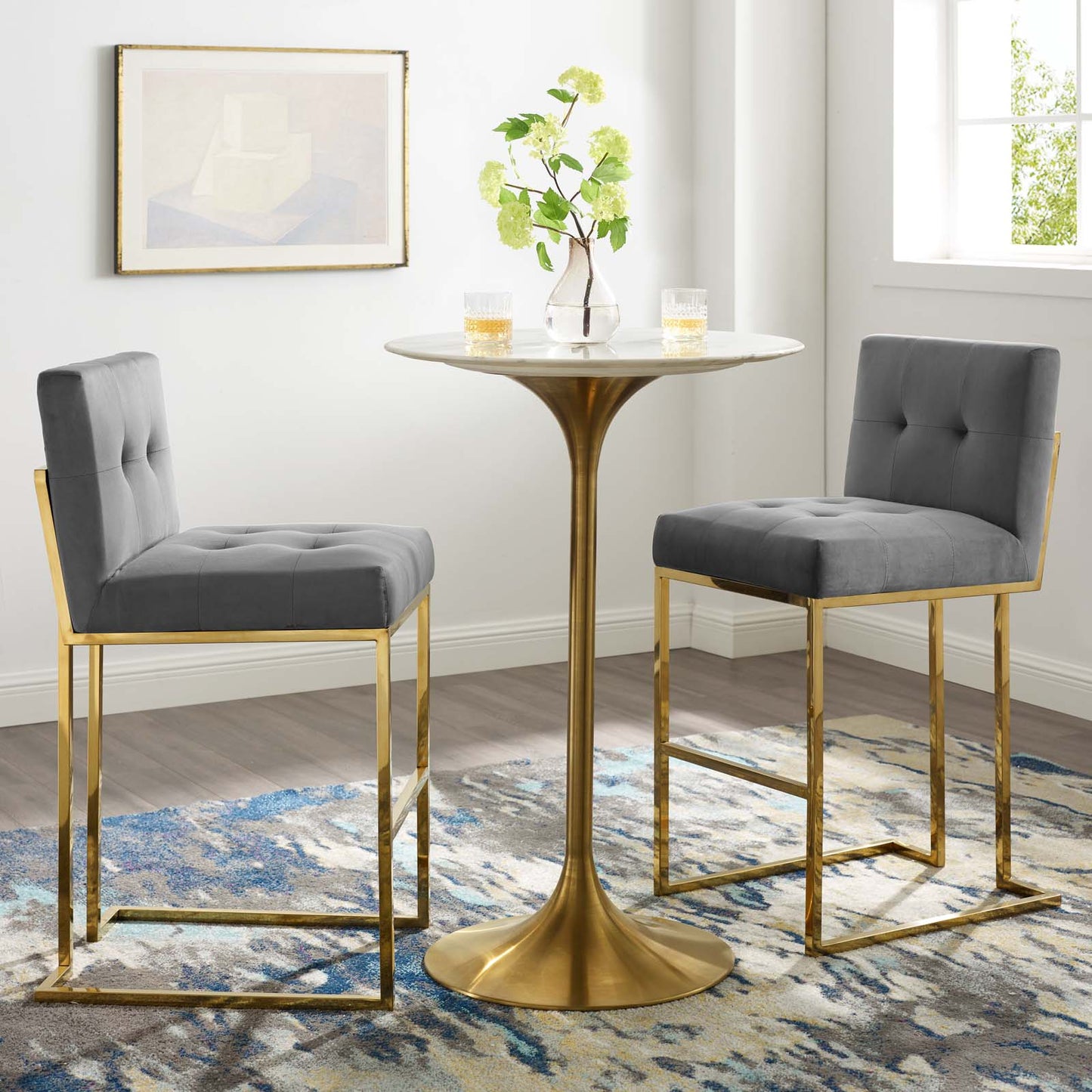 Modway Outlet Privy Gold Stainless Steel Performance Velvet Bar Stool Set of 2 by Modway Bar and Dining Furniture Gold Charcoal - EEI-4158-GLD-CHA