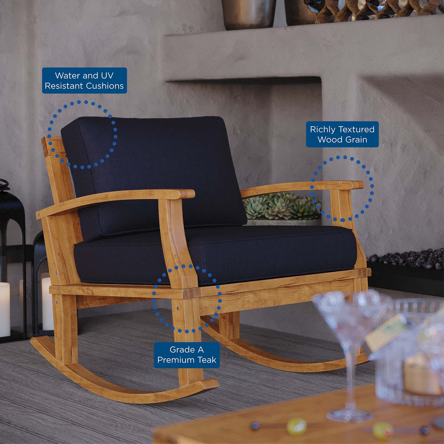Modway - Marina Outdoor Patio Teak Rocking Chair by Modway Outdoor Furniture Sofa Sectionals Blue - EEI-4177-NAT-NAV