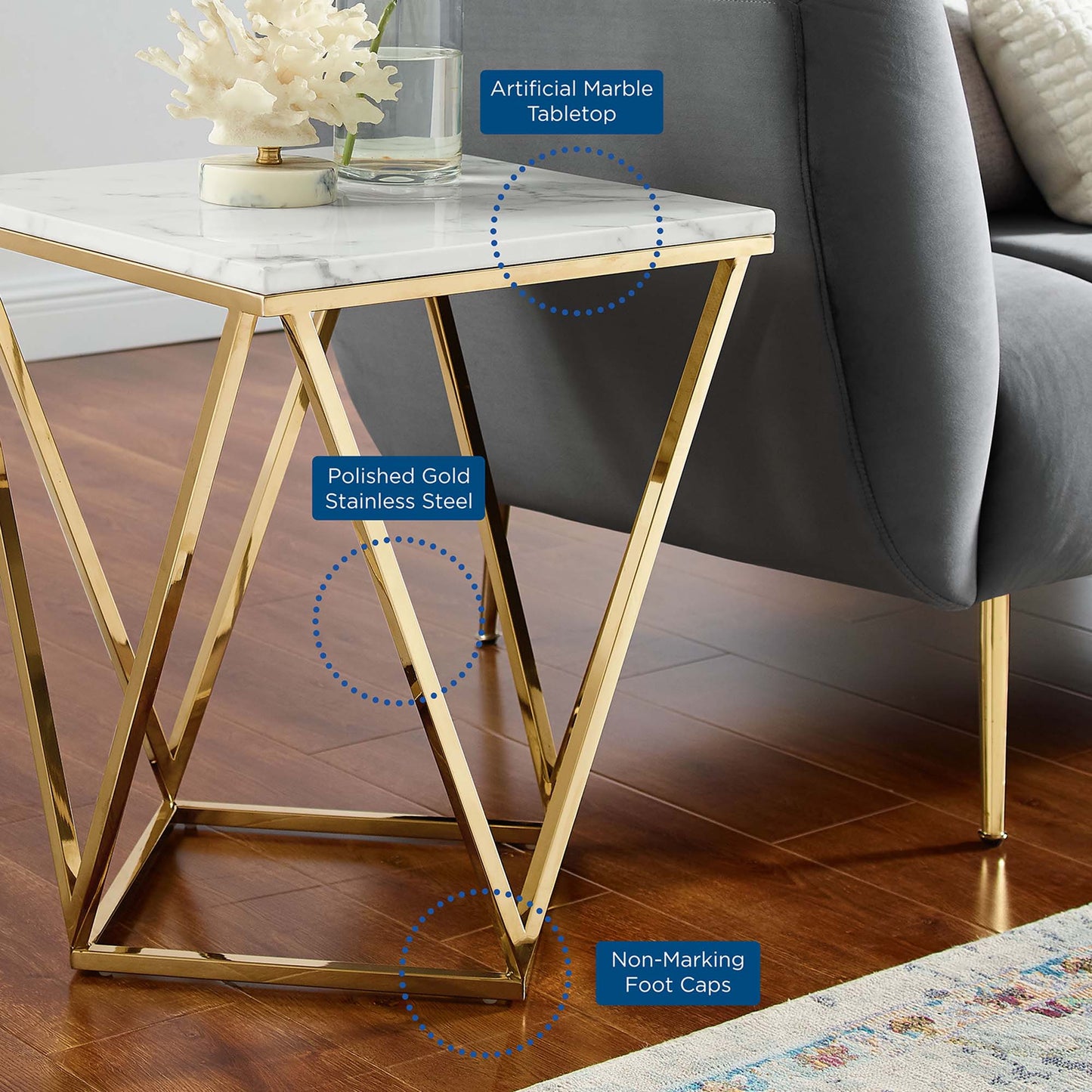 Modway Outlet Vertex Gold Metal Stainless Steel End Table by Modway Living Room Furniture Gold White - EEI-4206-GLD-WHI