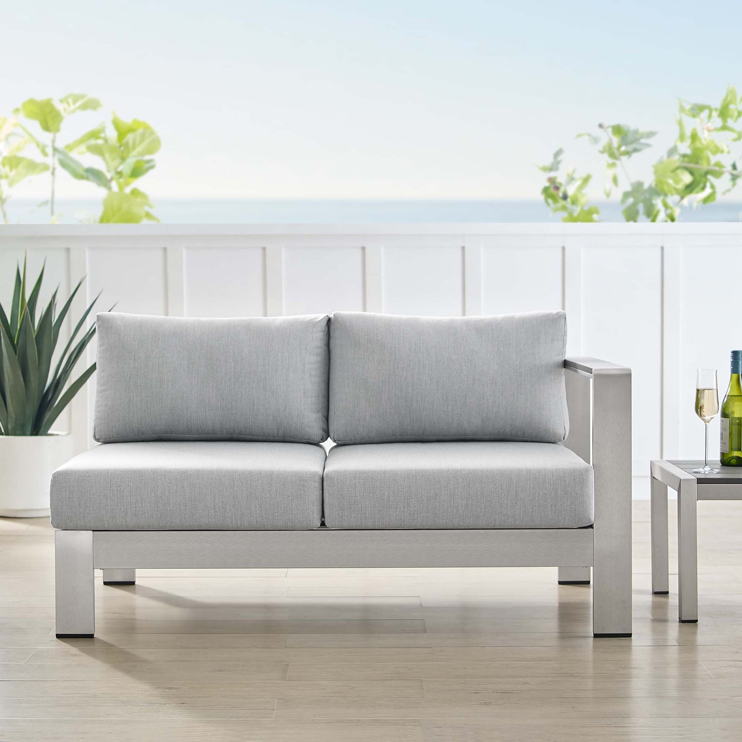 Modway Outlet Shore Sunbrella? Fabric Aluminum Outdoor Patio Right-Arm Loveseat by Modway Outdoor Furniture Furniture Silver Gray - EEI-4222-SLV-GRY