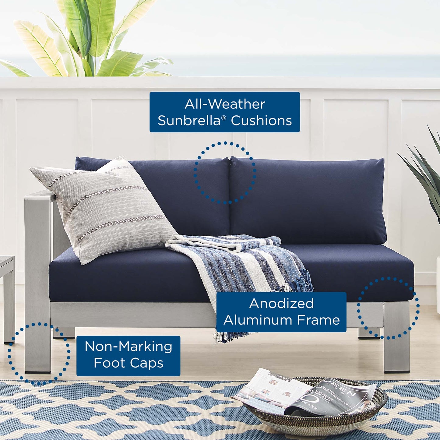 Modway Outlet Shore Sunbrella? Fabric Aluminum Outdoor Patio Left-Arm Loveseat by Modway Outdoor Furniture Furniture Silver Navy - EEI-4223-SLV-NAV