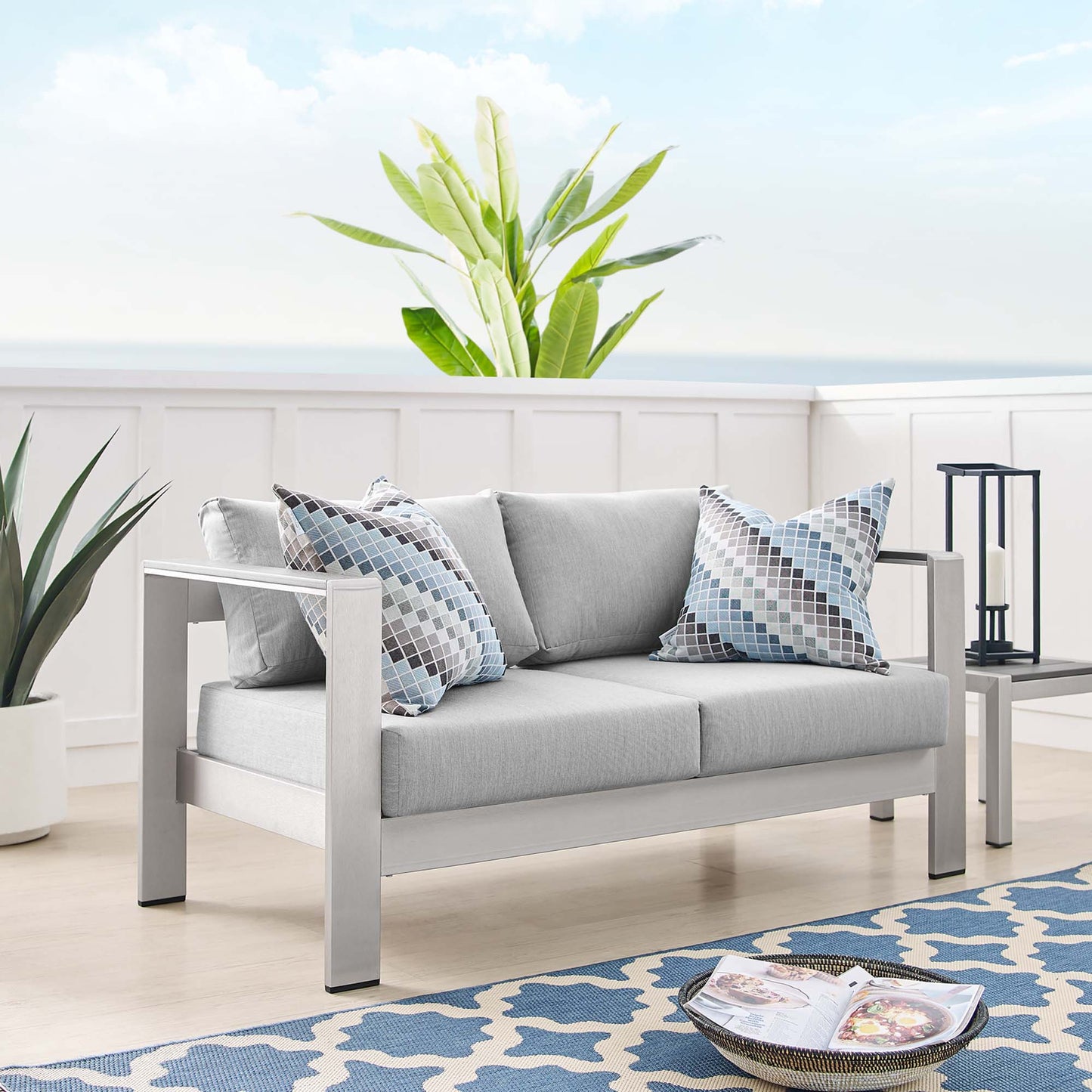 Modway - Shore Sunbrella? Fabric Aluminum Outdoor Patio Loveseat by Modway Outdoor Furniture Sofa Sectionals Gray - EEI-4226-SLV-GRY