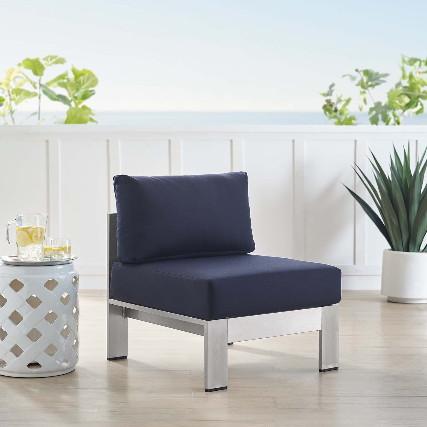 Modway Outlet Shore Sunbrella? Fabric Aluminum Outdoor Patio Armless Chair by Modway Outdoor Furniture Furniture Silver Navy - EEI-4227-SLV-NAV