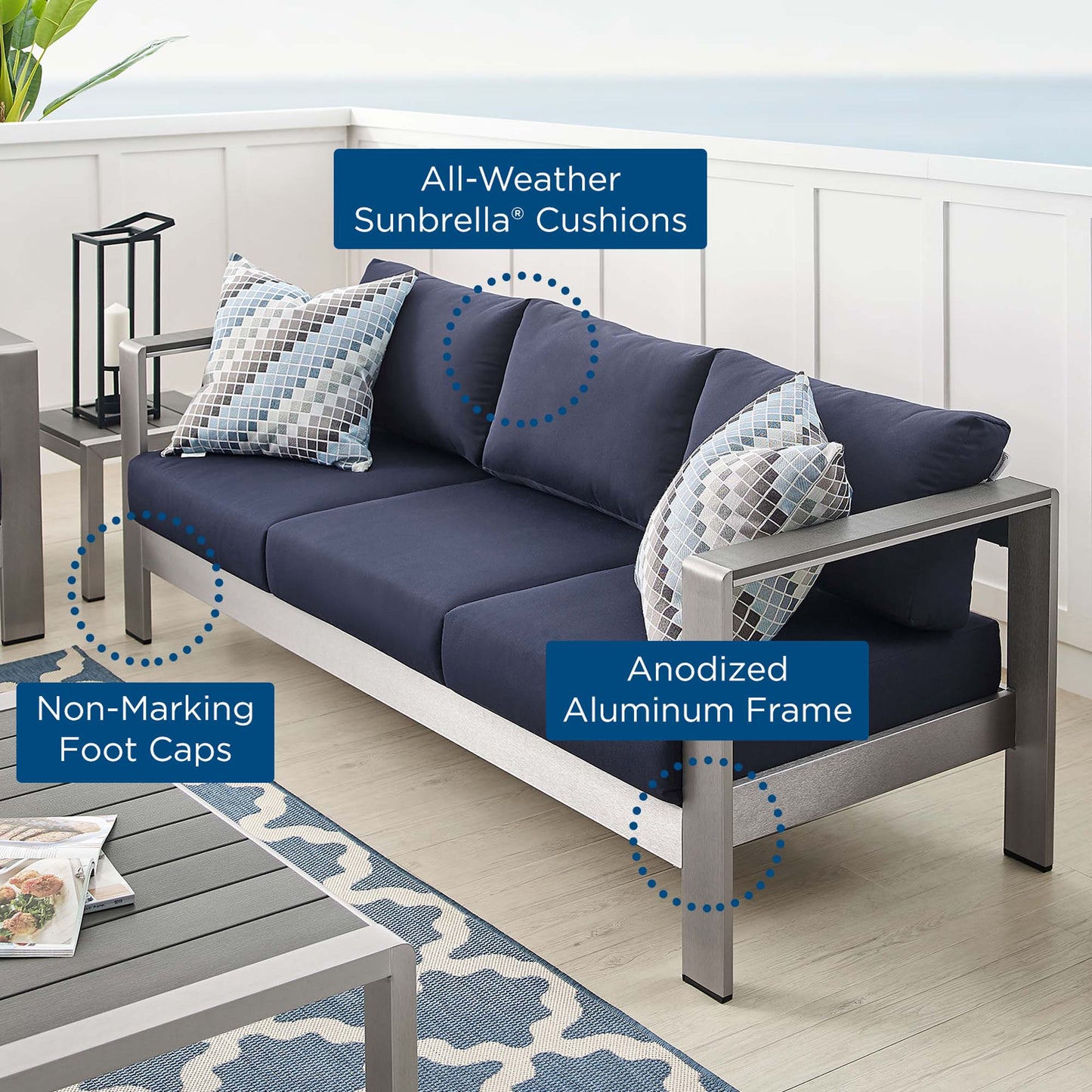 Modway - Shore Sunbrella? Fabric Aluminum Outdoor Patio Sofa by Modway Outdoor Furniture Sofa Sectionals Blue - EEI-4228-SLV-NAV